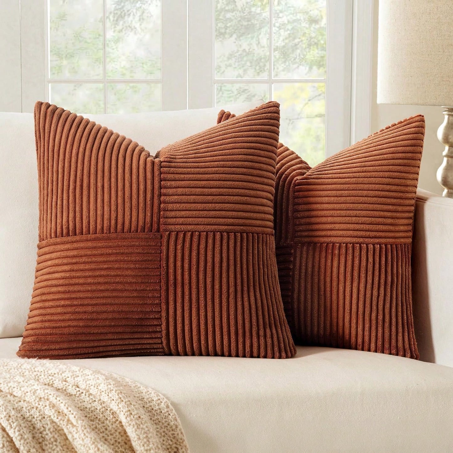 1/2pcs Throw Pillow Cover, Halloween Caramel Geometric Patchwork Corduroy Striped Pattern, Bohemian Sofa Cushion, Decorative Pillow Sham, Sofa Cushion, Decorative Pillow Sham, Office, Living Room