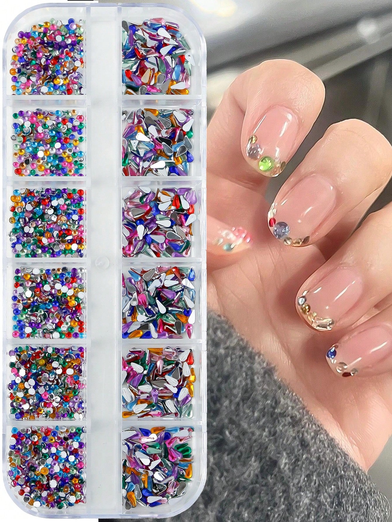 1 Box 12 Grids Super Shiny Mini Resin Flat Rhinestones- Symmetrical Shape, DIY Nail Art Decorations, Nail Gems, Nail Supplies Nail Charms