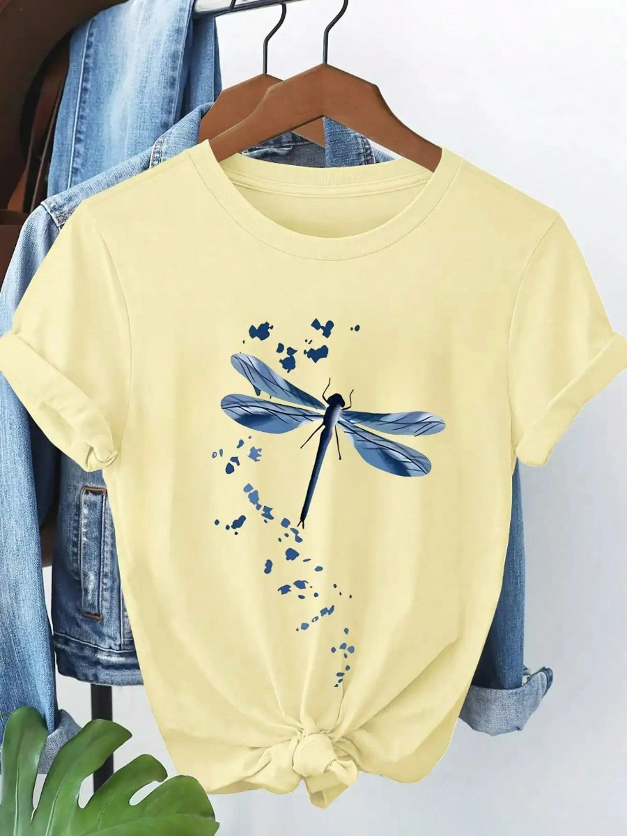 1-Piece Set--Women's Casual Short-Sleeve T-Shirt - Light Yellow Dragonfly Floral Print, Pure Crew Neck Top, Breathable And Versatile, High-Quality ...