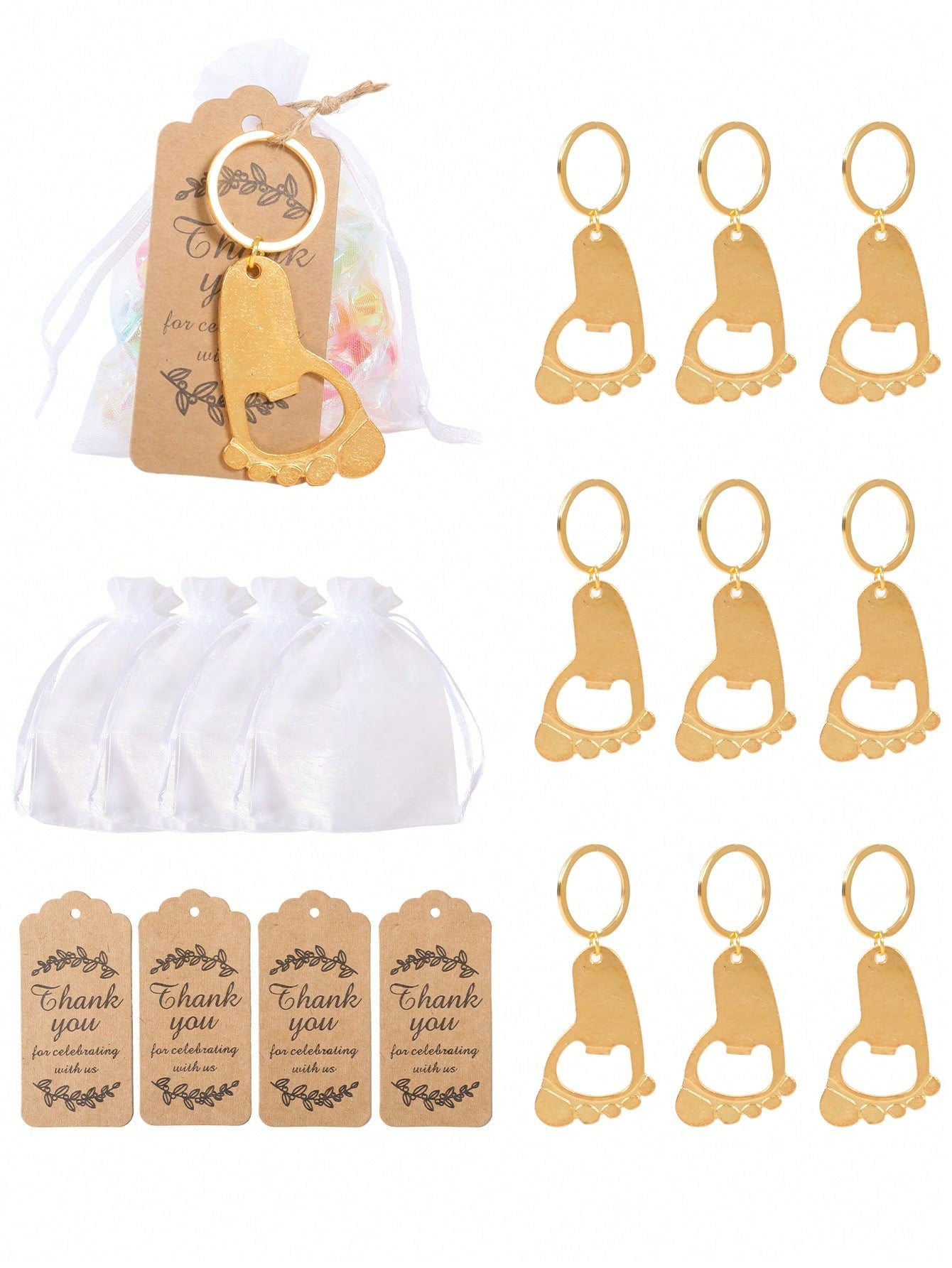 10/20 Sets Cute Gold Footprint Bottle Opener Organza Bag Set, Baby Shower Party Favors, Footprint Metal Keychain Bottle Opener With Organza Bag And Thank You Card, Baby Shower Home Decor Gift, Cute Li