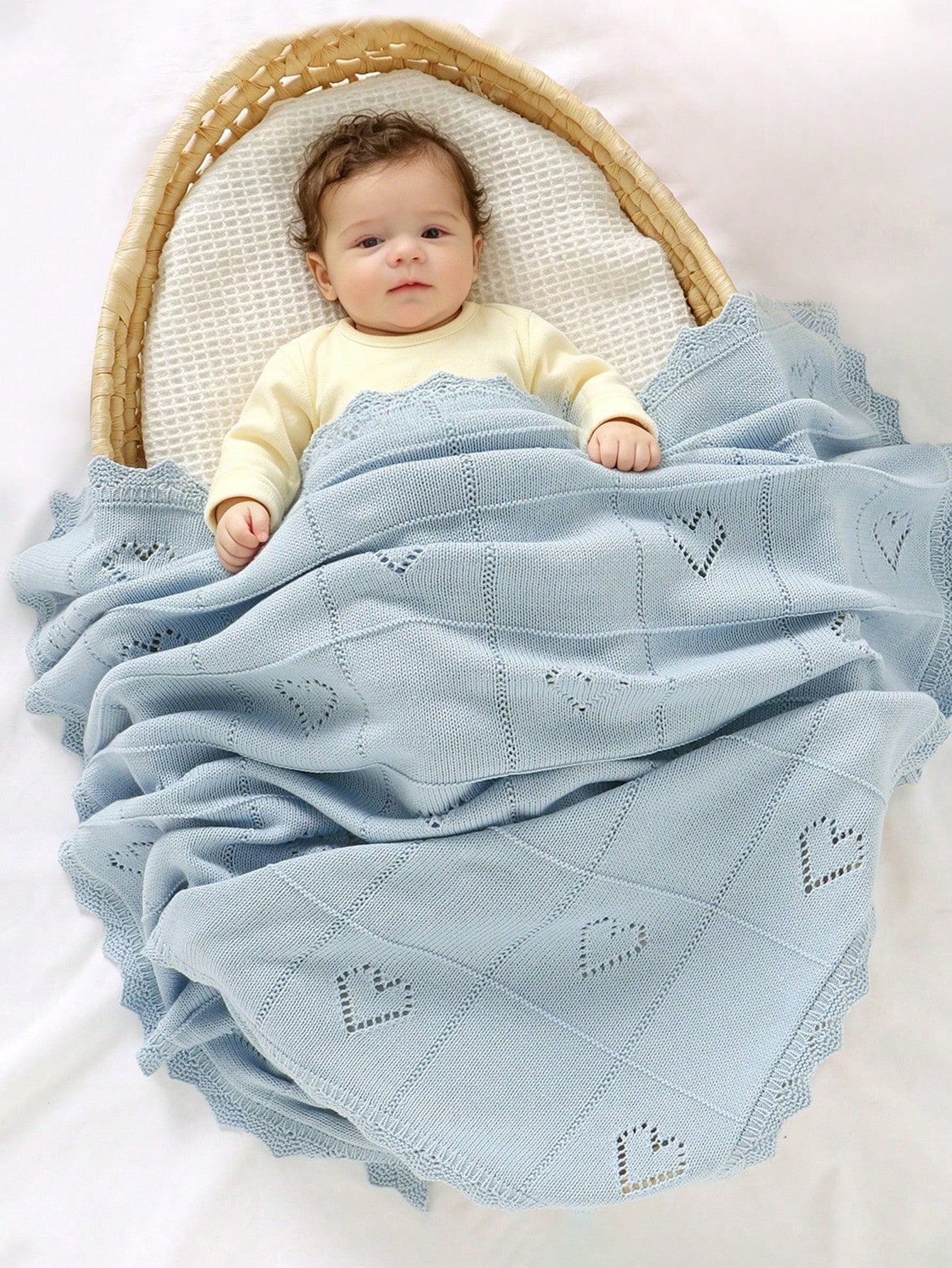 100% Cotton Baby Blanket, All Season Knitted Infant Stroller Blanket, Heart Hollow-Out Children Throw Blanket, Newborn Gift
