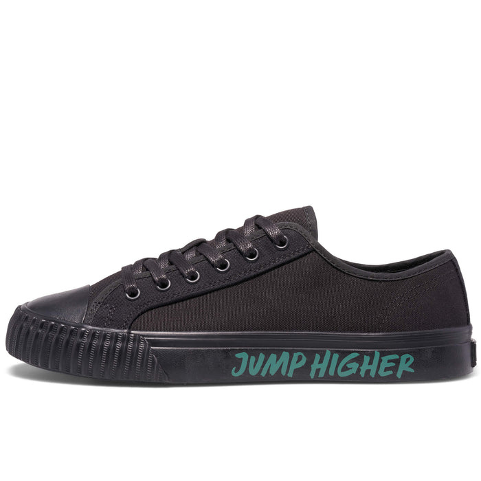Black low-top sneaker on a white background, with “Jump Higher” printed on the midsole.