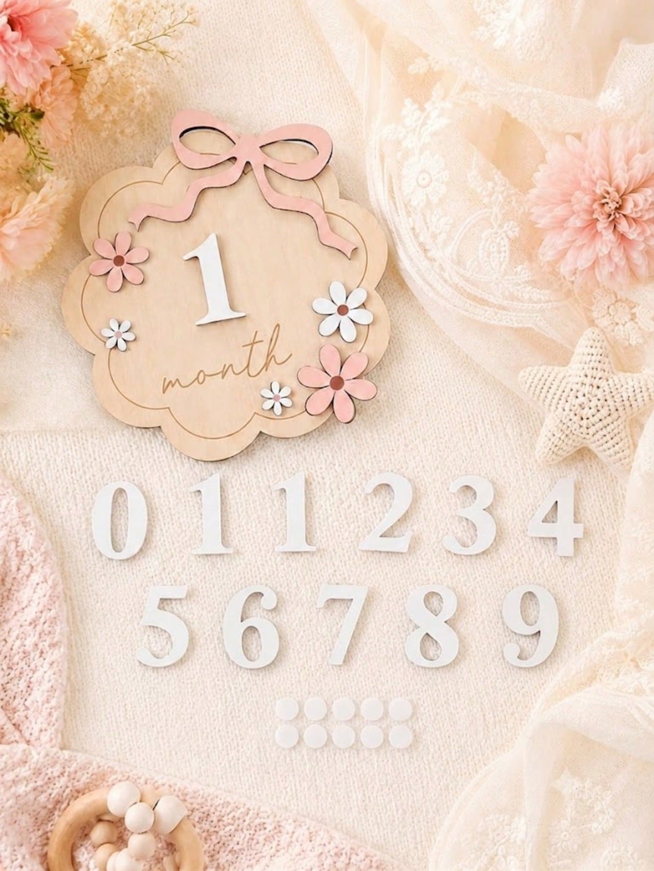 1pc Baby Monthly Milestone Wooden Sign, 1-12 Months Infant Growth Record Photo Prop, Decorated With Pink Bow And Flower