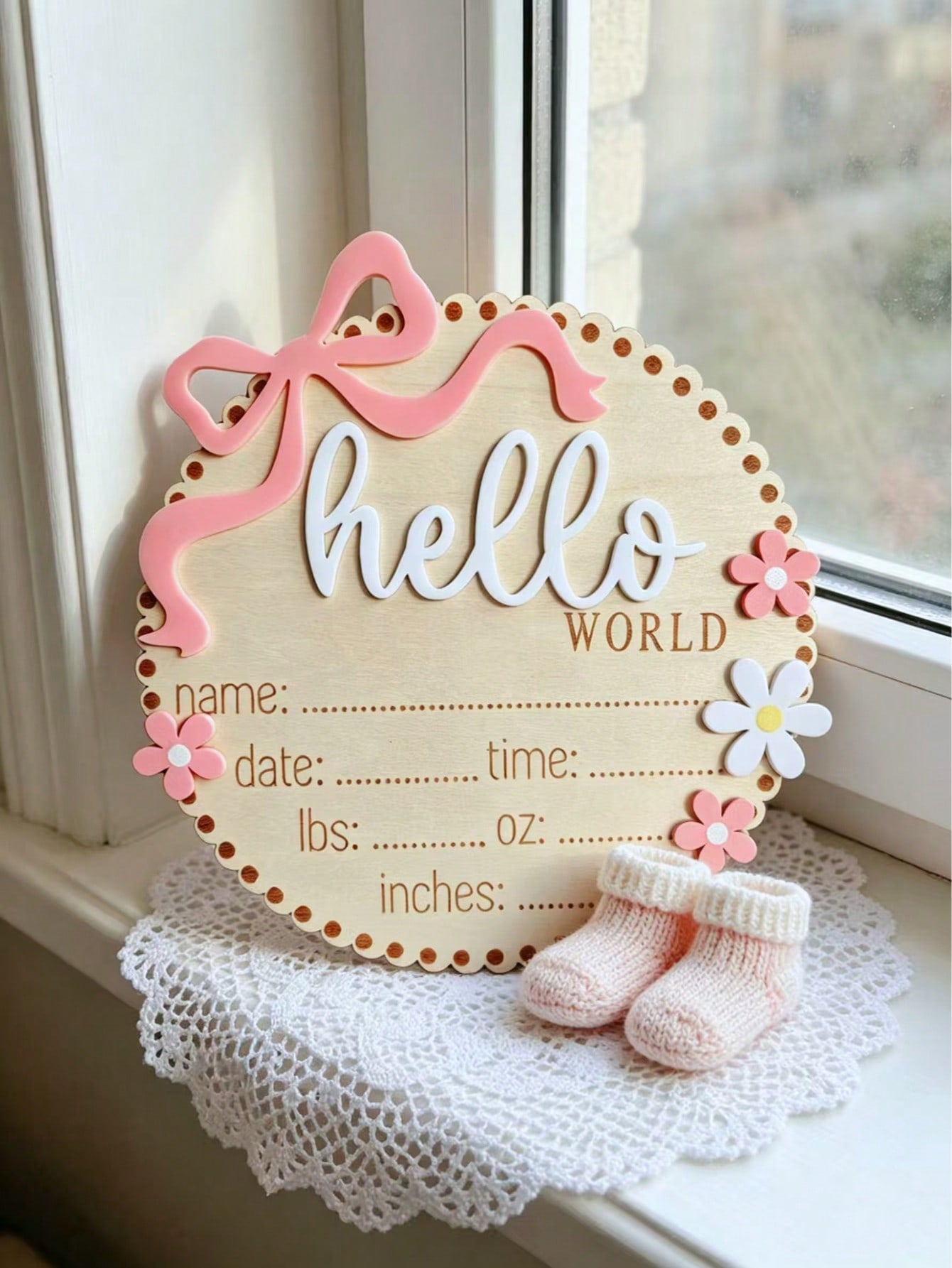 1pc Bow & Flower Decor Round 3D Hello World Wooden Birth Announcement Sign, Customizable Newborn Birth Information Name Memorial Plaque, Newborn Photo Prop, Baby Shower Welcome Party Keepsake Gift For