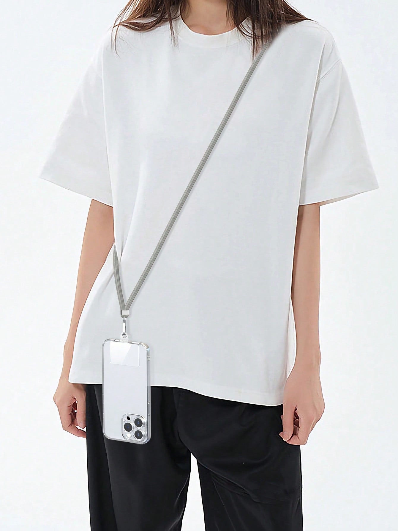 1pc Crossbody Phone Lanyard (Grey), Includes Transparent Pad For Phone Case Attachment, Multi-Functional Adjustable Neck Strap, Length 145cm/57in, Compatible With All Smartphones, Universal Lanyard Su