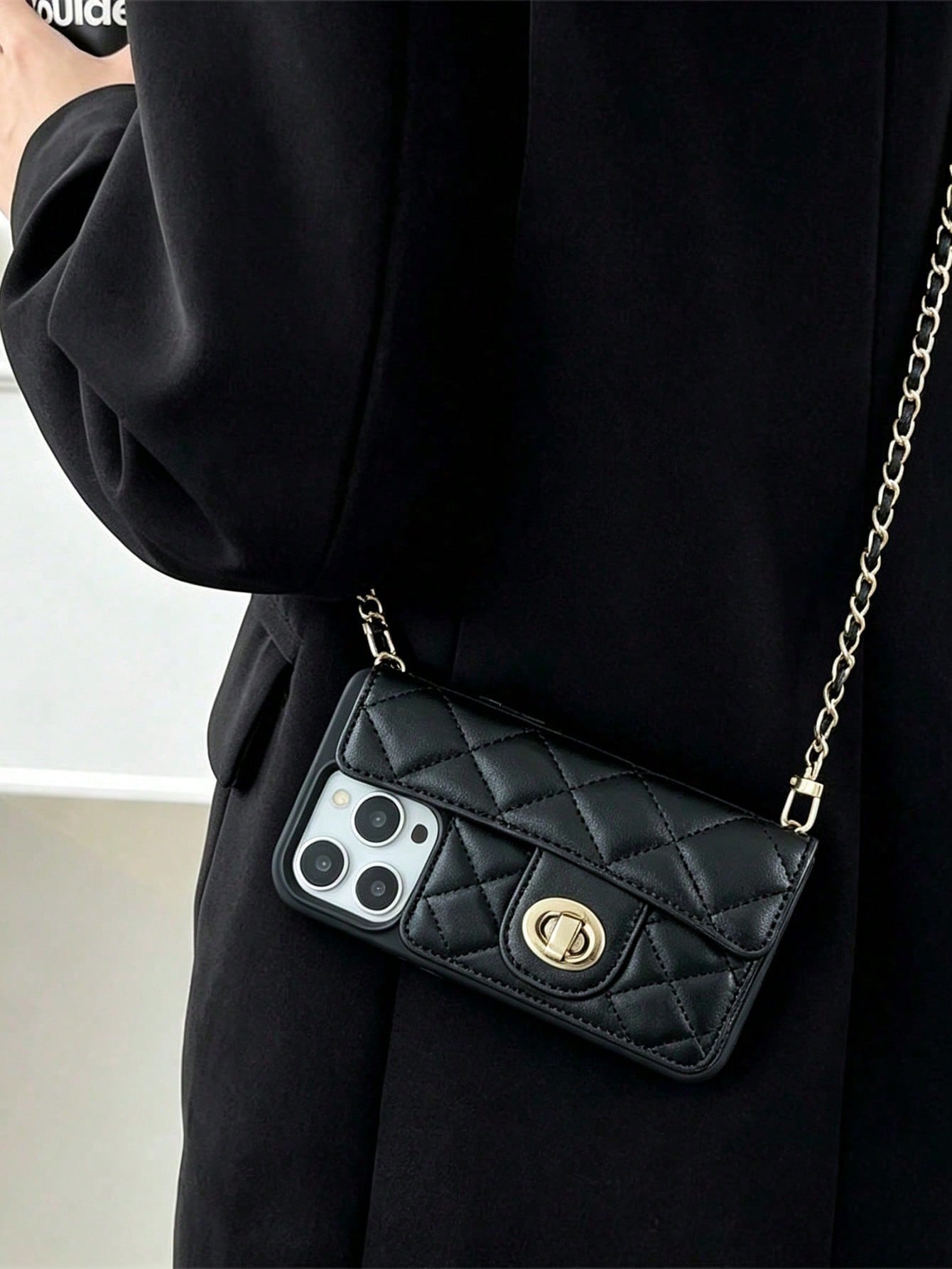 1pc Luxury Fragrance Style Rhombus Chain Lock Card Holder Crossbody Phone Case, Premium Wool Pattern Quilted Microfiber Leather, Crossbody Leather Chain Coin Card Holder Portable Protective Shell For