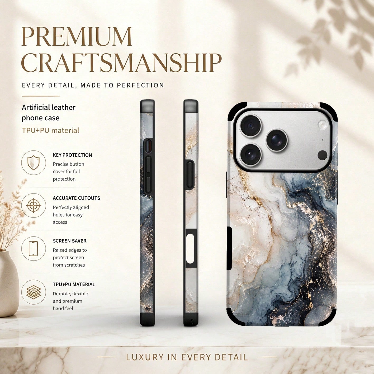 1pc Luxury Gold Mist Agate Marble Pattern Double Layer Anti-Drop Wear-Resistant Microfiber Leather Durable Fashion Phone Case Suitable For IPhone 17/16/15/14/13/12/11promax/Galaxy S24 Ultra/S24/S23/S2