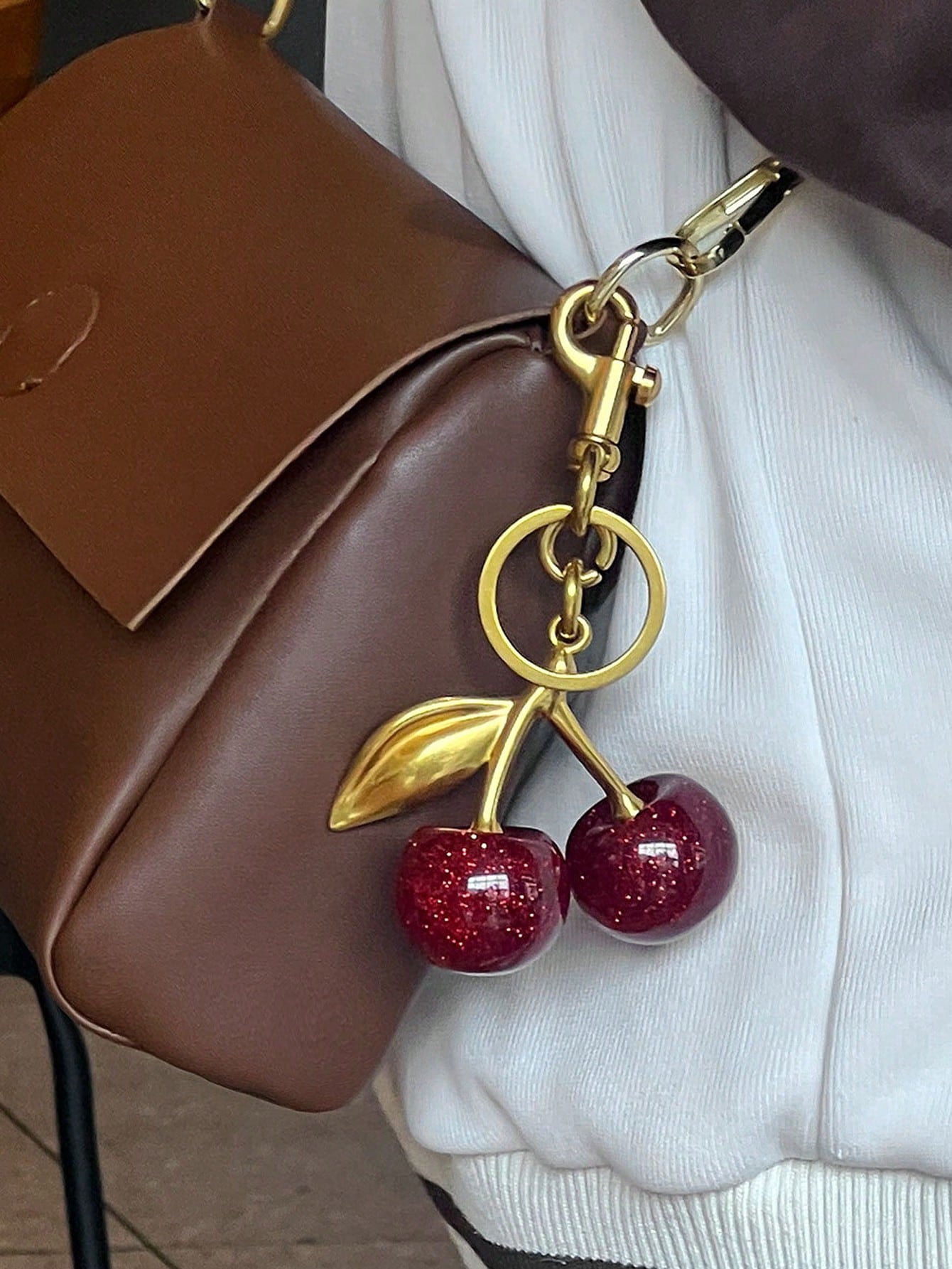 1pc Shiny Cherry Shaped Pendant Keychain, Buckle Decor Bag Accessory For Women Handbags, Jewelry Gift