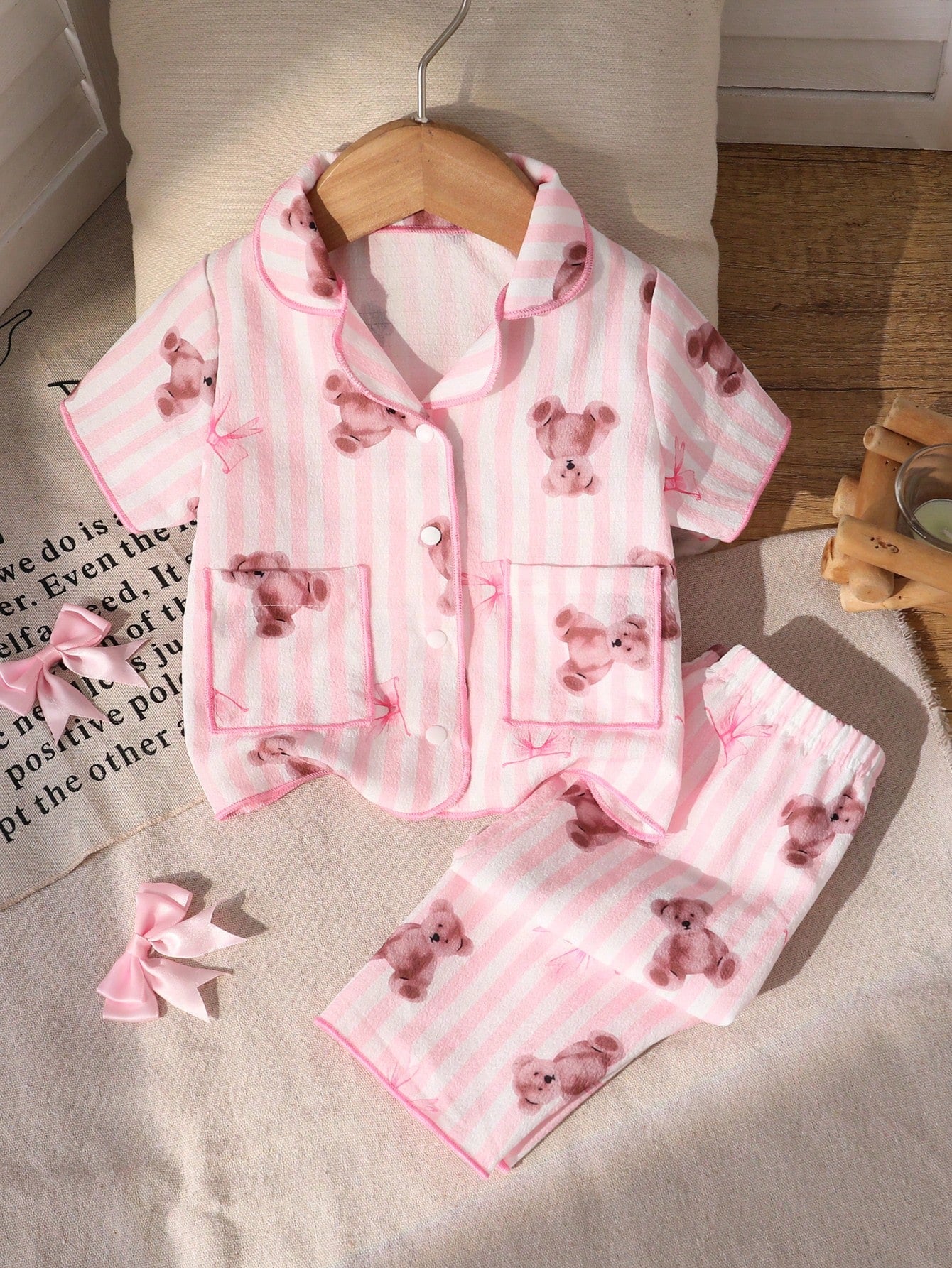 2-Piece Newborn Baby Girl Pajamas Set,Cute Cartoon Bear Print Blue And White Stripe,Summer,Family Matching Soft Lapel Top & Long Pants Sleepwear