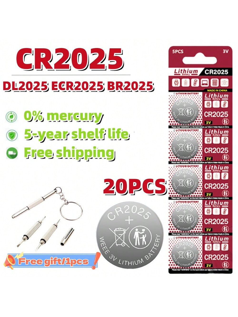 20PCS CR2025 Battery CR 2025 3V Lithium Battery DL2025 BR2025 KCR2025 For Car Remote Control Watch Button Coin Cells