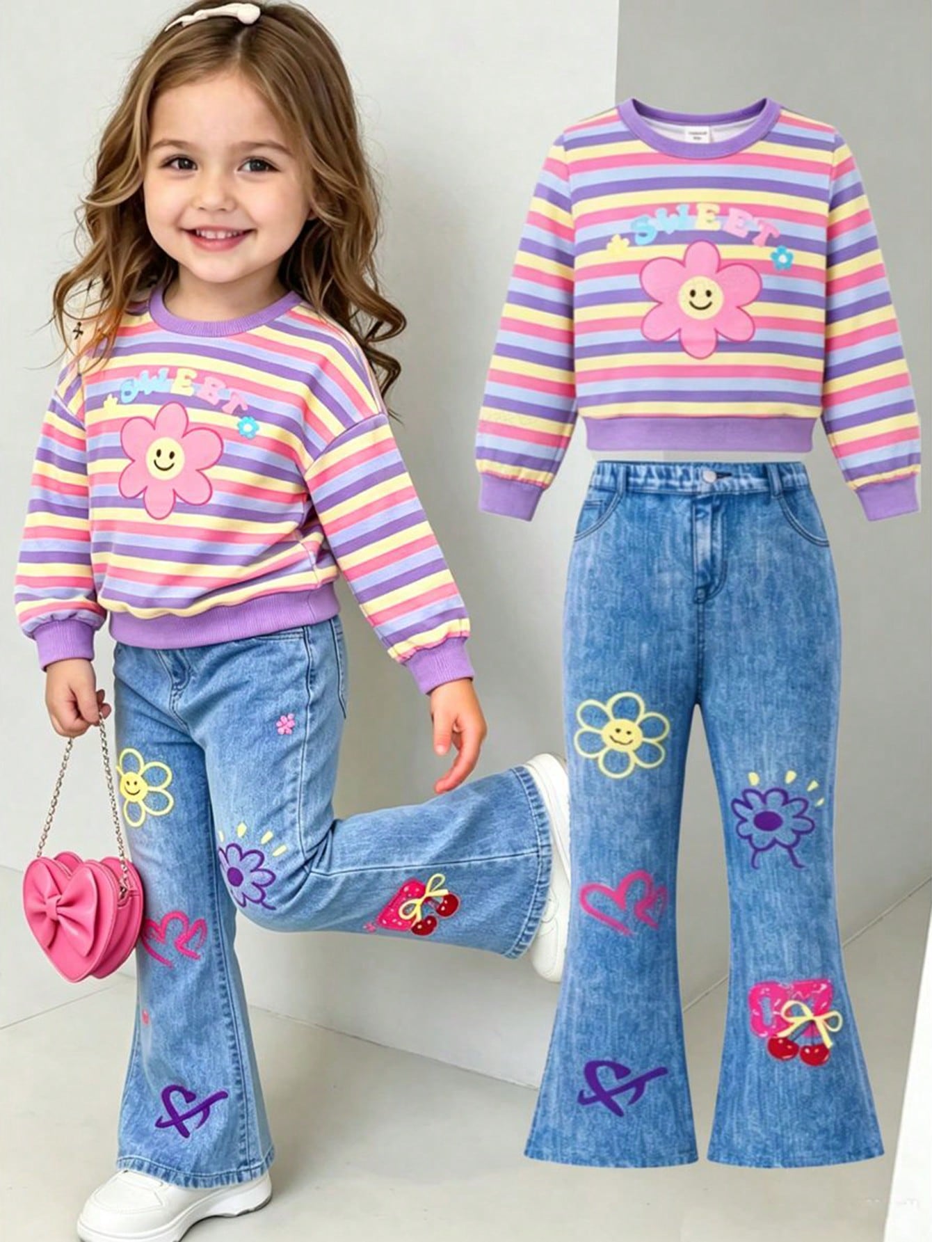2pcs Baby Girl Casual Fashion Simple Sweet Cute Colorful Striped & Cartoon Floral Print Crew Neck Sweatshirt Pullover And 3D Print Flared Leggings Long Pants Set, Suitable For Autumn/Winter