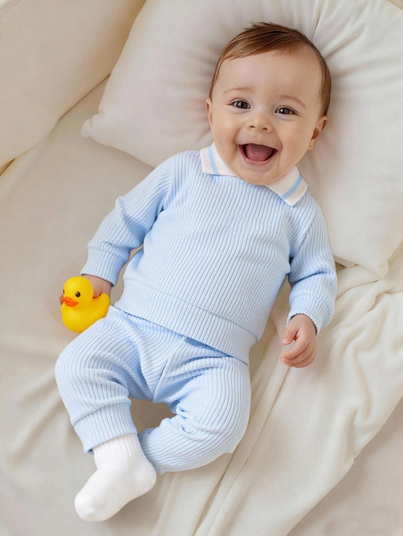 2pcs Newborn Baby Boy Autumn Outfit, Knitted Collar Long Sleeve Top And Solid Color Long Pants Set Fall Winter