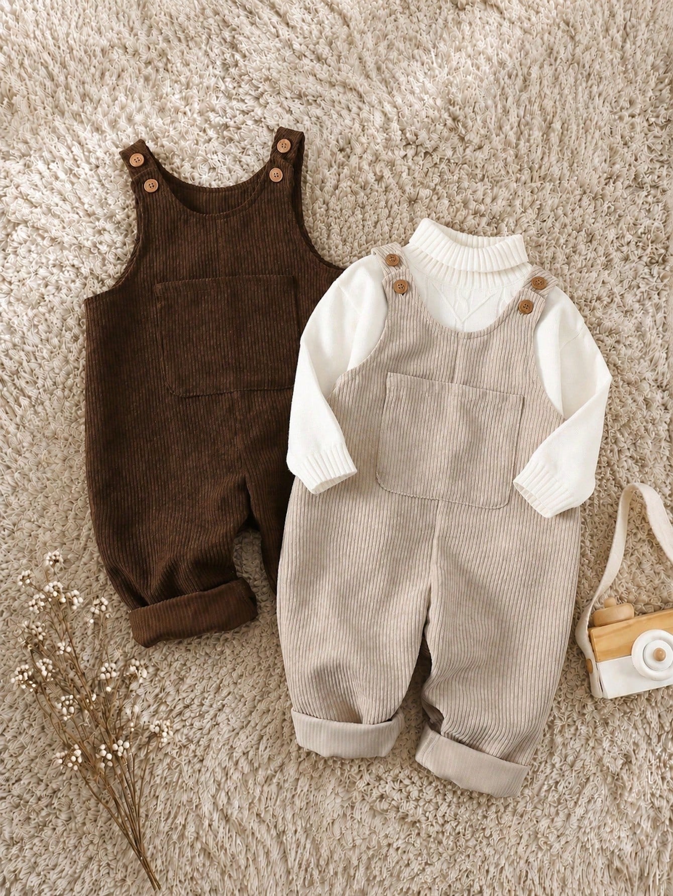 2pcs/Set Baby Boy Corduroy Overalls,Thermal Lined Jumpsuit,Autumn,Kawaii,Family Matching,All Shades Of Brown Mocha Neutral Clothes For Fall/Winter