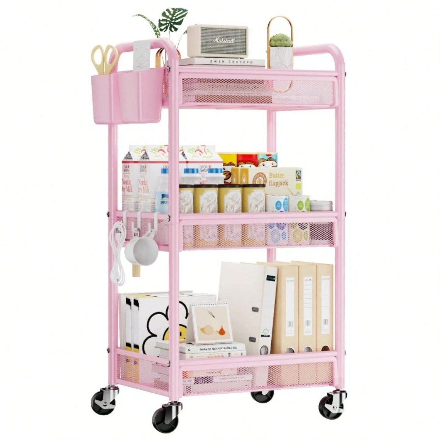 3 Tier Rolling Cart – Metal Utility Storage Carts With Wheels, Craft Cart Organizer With Hanging Cups, Hooks, Mesh Basket For Bedside Kitchen Office Art, Black
