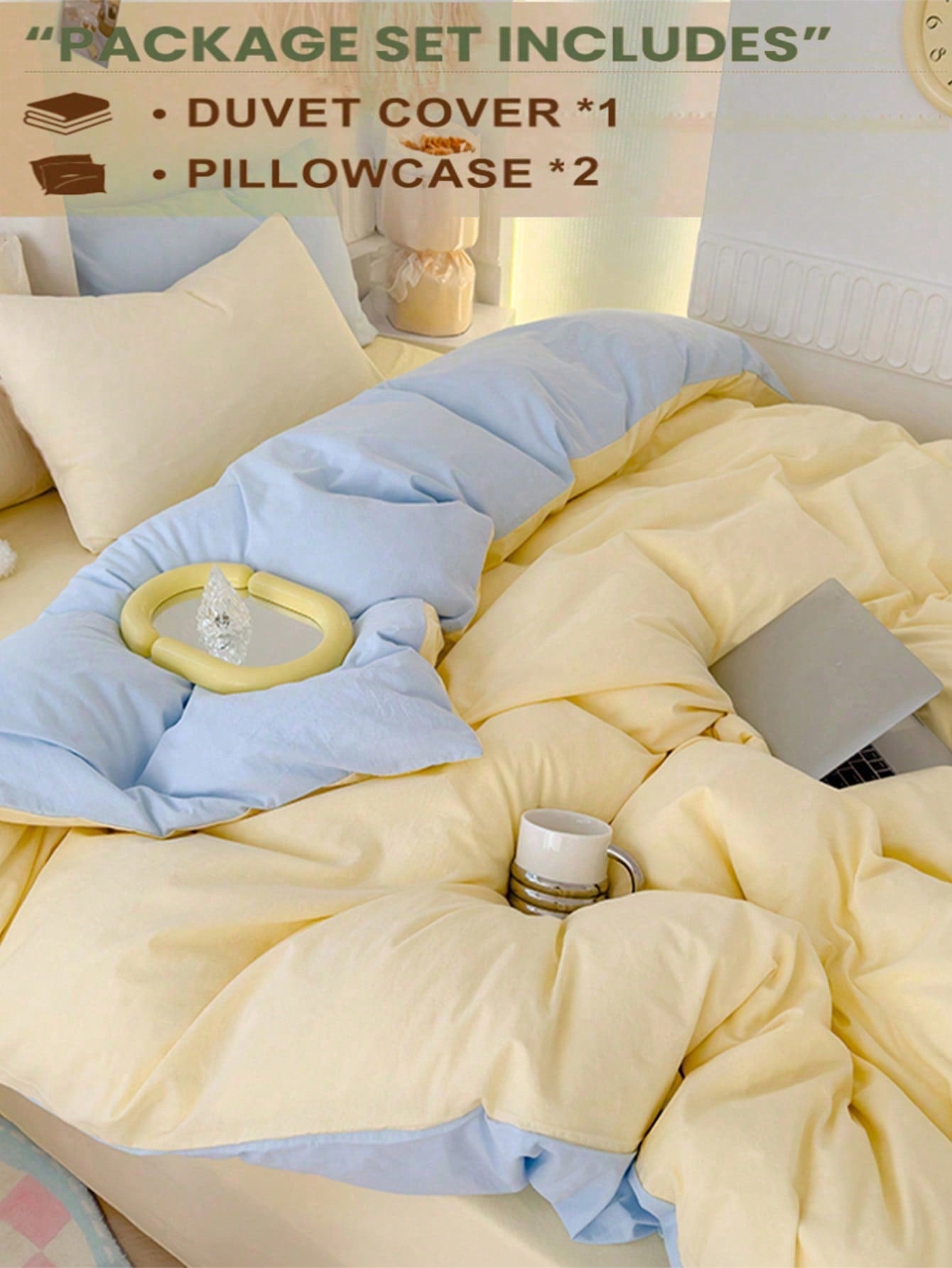 3pcs Light Yellow & Light Blue Bedding Set, 1 Duvet Cover, 2 Pillowcases, Washable No Filling, Suitable For Dorms And Bedrooms