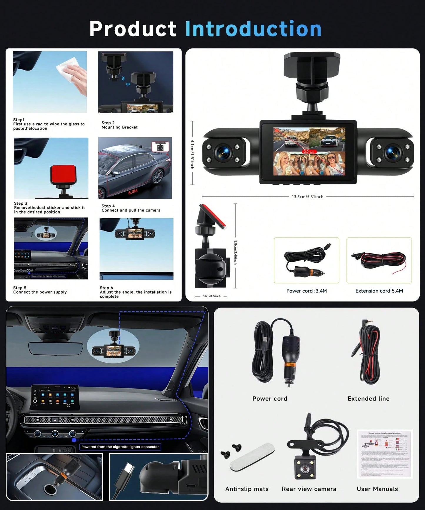 4 Channel 360° Dash Cam Front And Rear Inside Left Right, Dash Camera For Cars, 4 Camera Vehicle Recorder, 3.16" IPS Screen, Night Vision, Motion Detection, Loop Recording, Wide Angle Security Cam