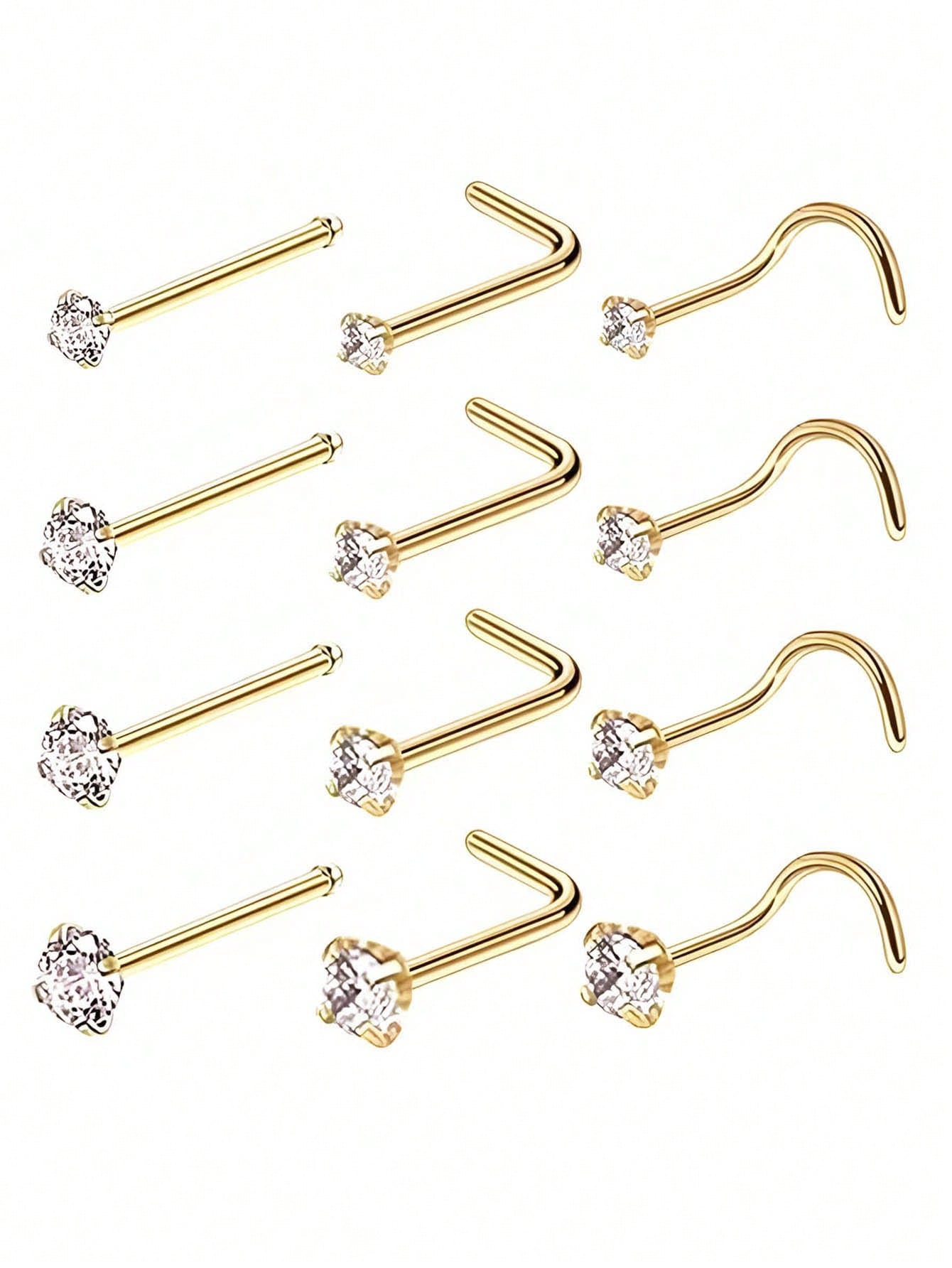 4pcs 1.5/2/2.5/3mm Shiny Cubic Zirconia Nose Piercing Jewelry, L-Shaped Nose/Ear Piercing Jewelry, 18K Gold Plated Claw Set Zirconia Nose Rings, Fashionable Body Piercing Jewelry For Women Daily Wear