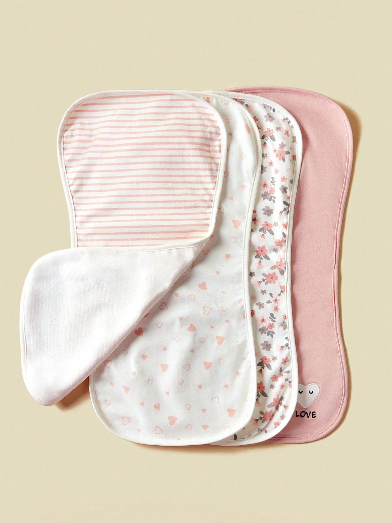 4pcs Baby Burp Cloths, Floral, Heart And Striped Design