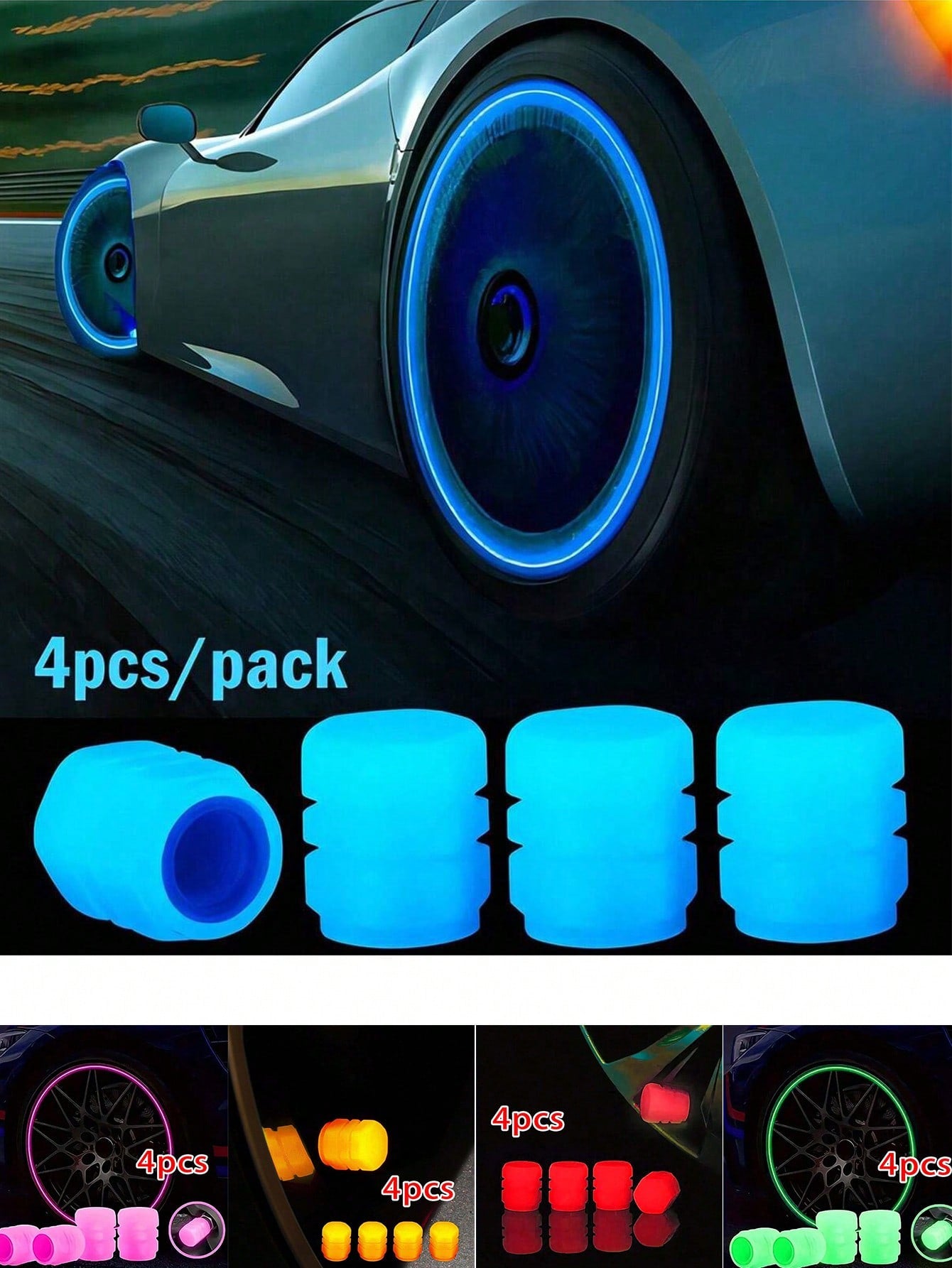 4pcs Luminous Car Tire Valve Cap Car Glow-In-The-Dark Valve Stem Caps For Car, Bicycle, Motorcycle, Fluorescent Glow-In-The-Dark Valve Stem Caps (Does Not Emit Light Itself)