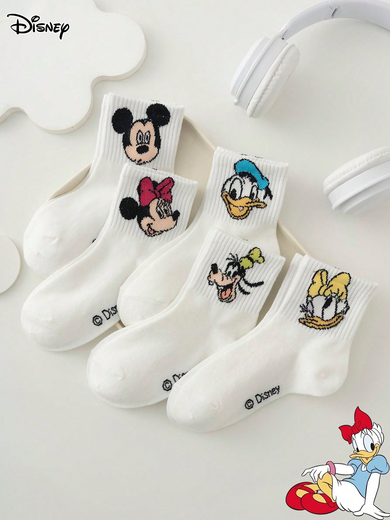 5 Pairs Disney Authentic Mickey Minnie Bow Pattern Kids Mid-Calf Socks