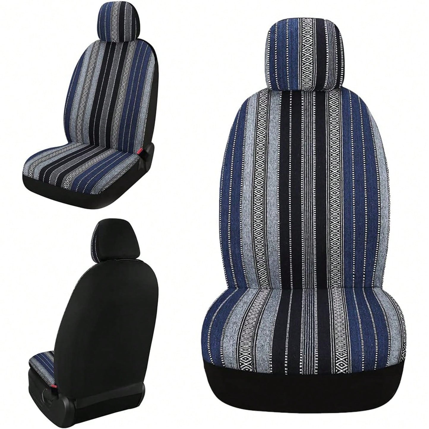 5-Seat Baja Striped Saddle Blanket Car Seat Covers Full Set- Universal Fit For Sedan SUV Truck| Breathable Woven Fabric| Includes Front Seat Covers + Solid Bench Covers, Seat Belt Pads & Steering W