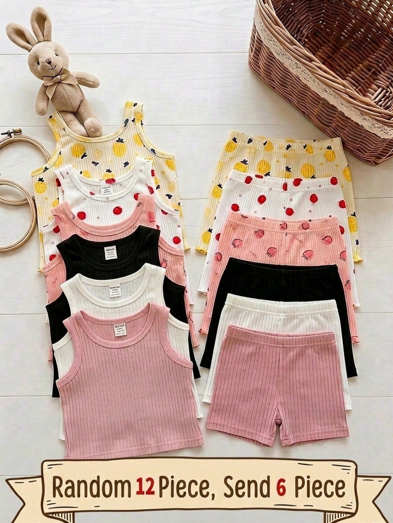 6pcs Baby Girl Casual Knitted Plain Tank Top & Shorts Set With Elastic Waistband Snug Fit Random 12 Piece, Send 6 Piece