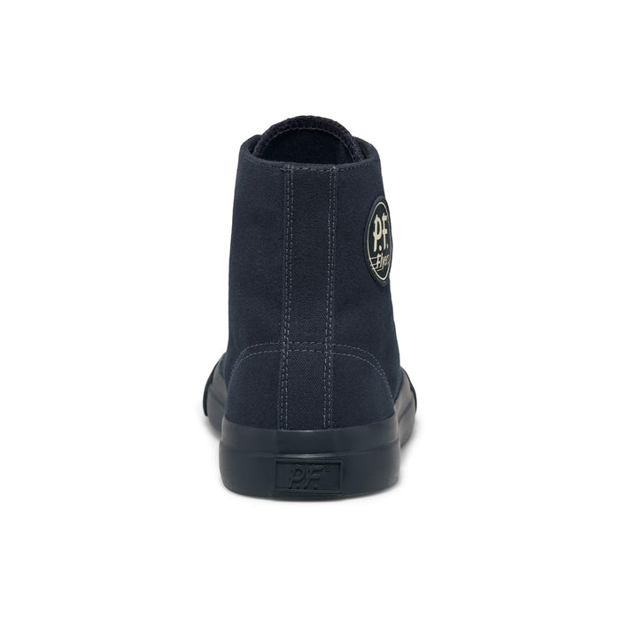 A dark navy blue high-top sneaker shown on a white background.
