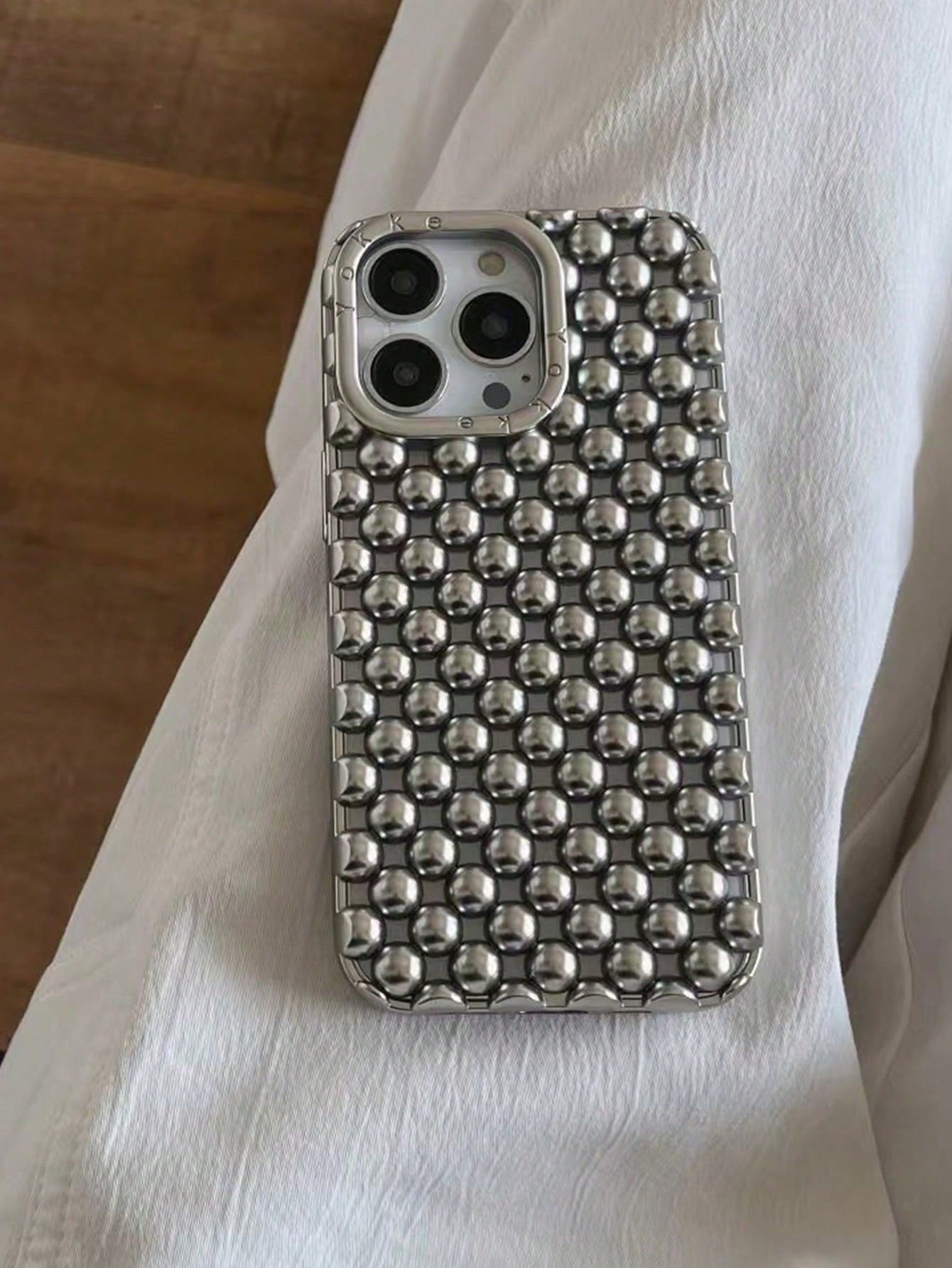 Alloy Luxury Metallic Style Fashion Metallic Bead Studded Premium Hollow Steel Bead Electroplated Matte Silver Phone Case Compatible With IPhone 16, 15 Pro Max, 17/17 Pro/17 Pro Max, New 14 Soft Case