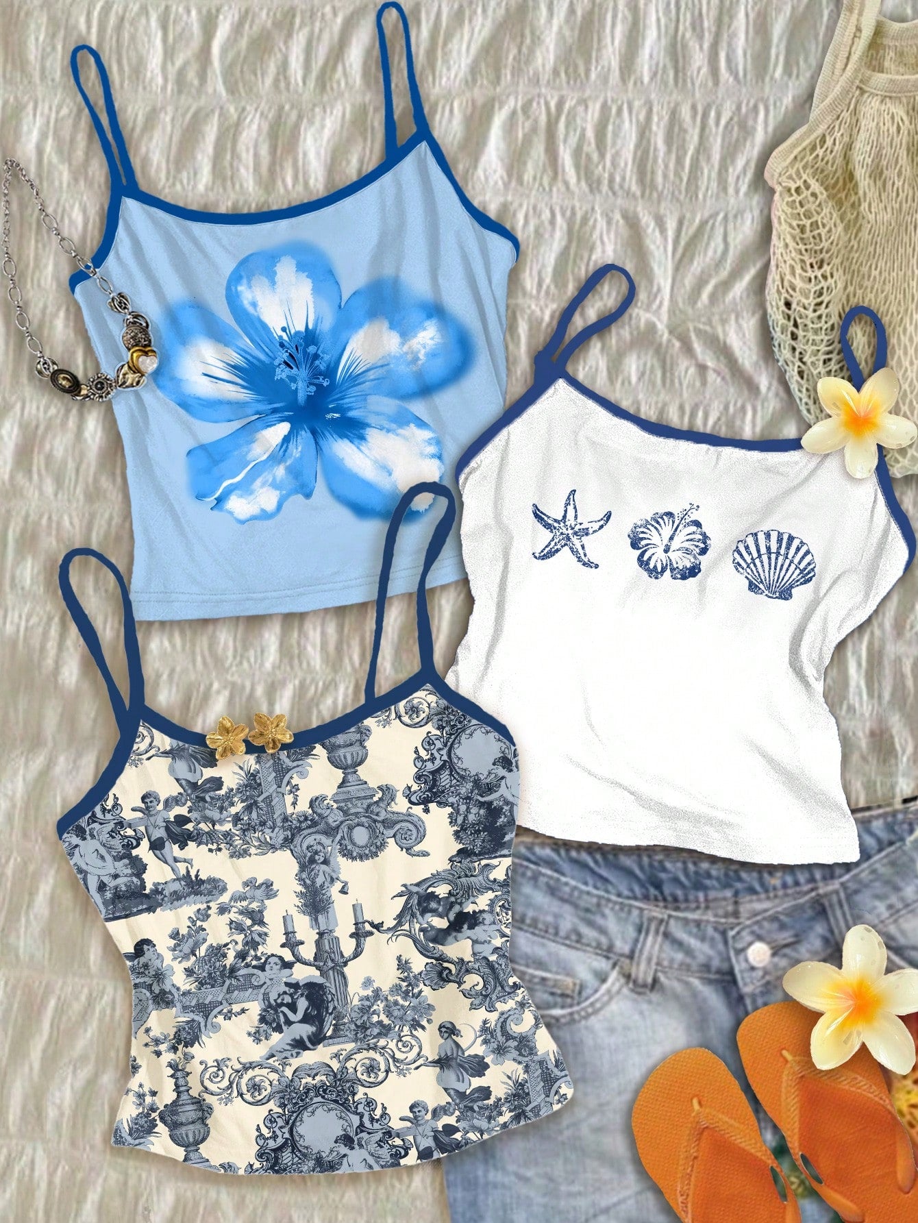 Attitoon Plus Size 3pcs/Set Women's Vintage Inspired Top,French Blue Angel Statue,Floral Watercolor,Shell Print,Summer,Y2k,Vacation,Holiday,Boho Hawaii Beach