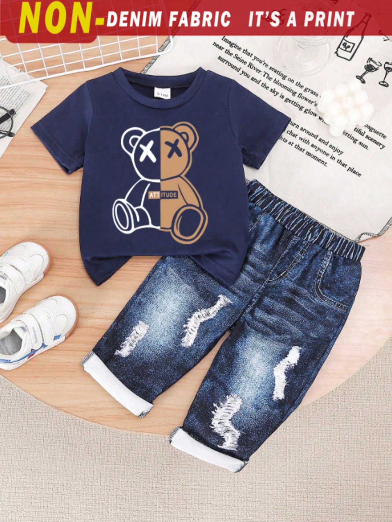 Baby Boy 2pcs Cute Cartoon Bear Graphic Print T-Shirt And Denim Like Print Long Pants Set, Comfortable Summer, Lightweight