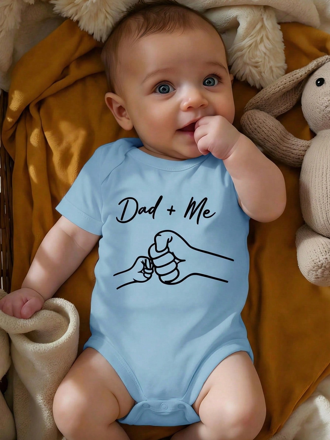 Baby Boy Casual Cartoon Dad + Me Fist Bump Print Short Sleeve Bodysuit, Suitable For Spring/Summer