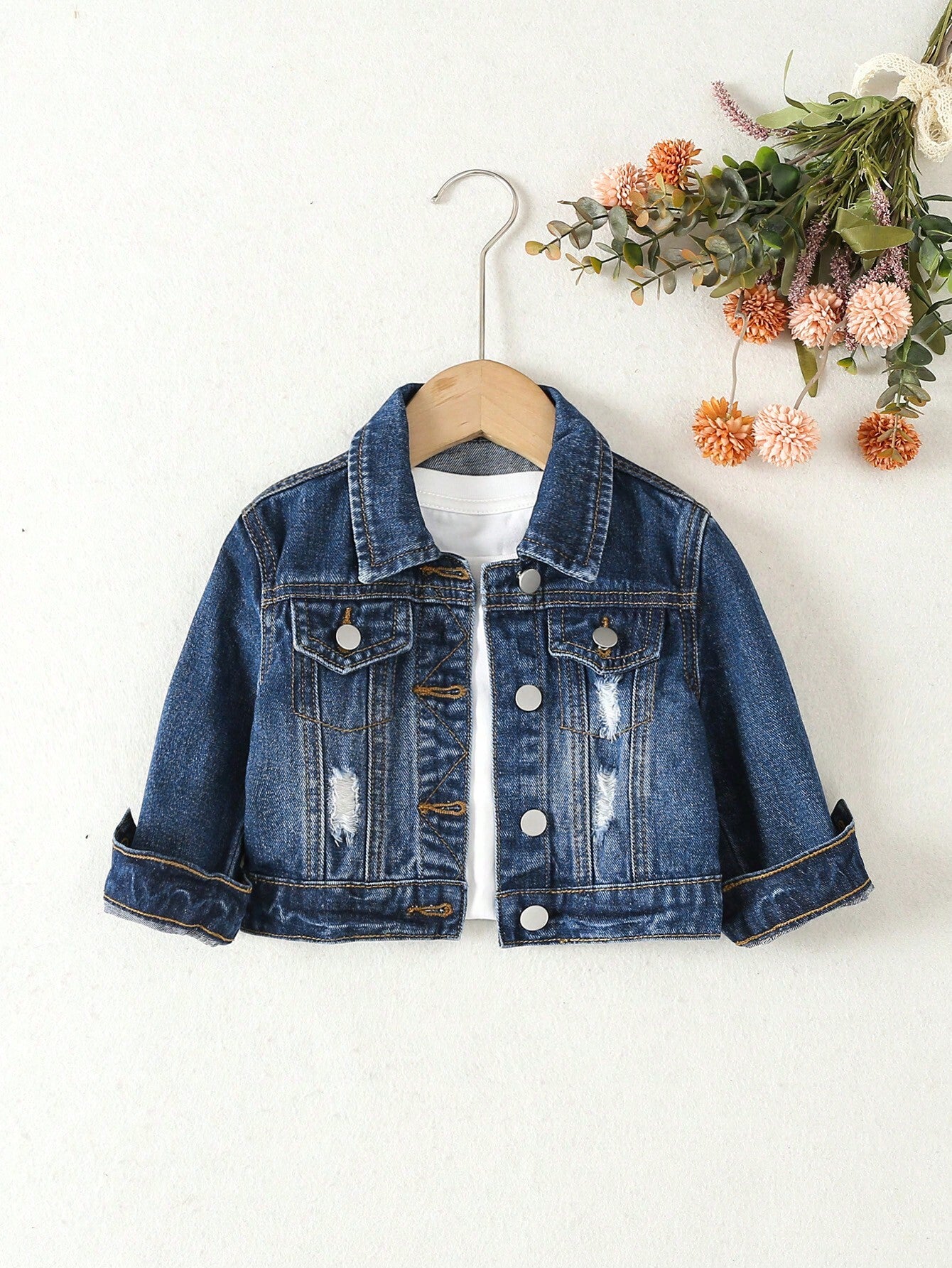 Baby Girl 1pc Ripped Flap Pocket Denim Jacket