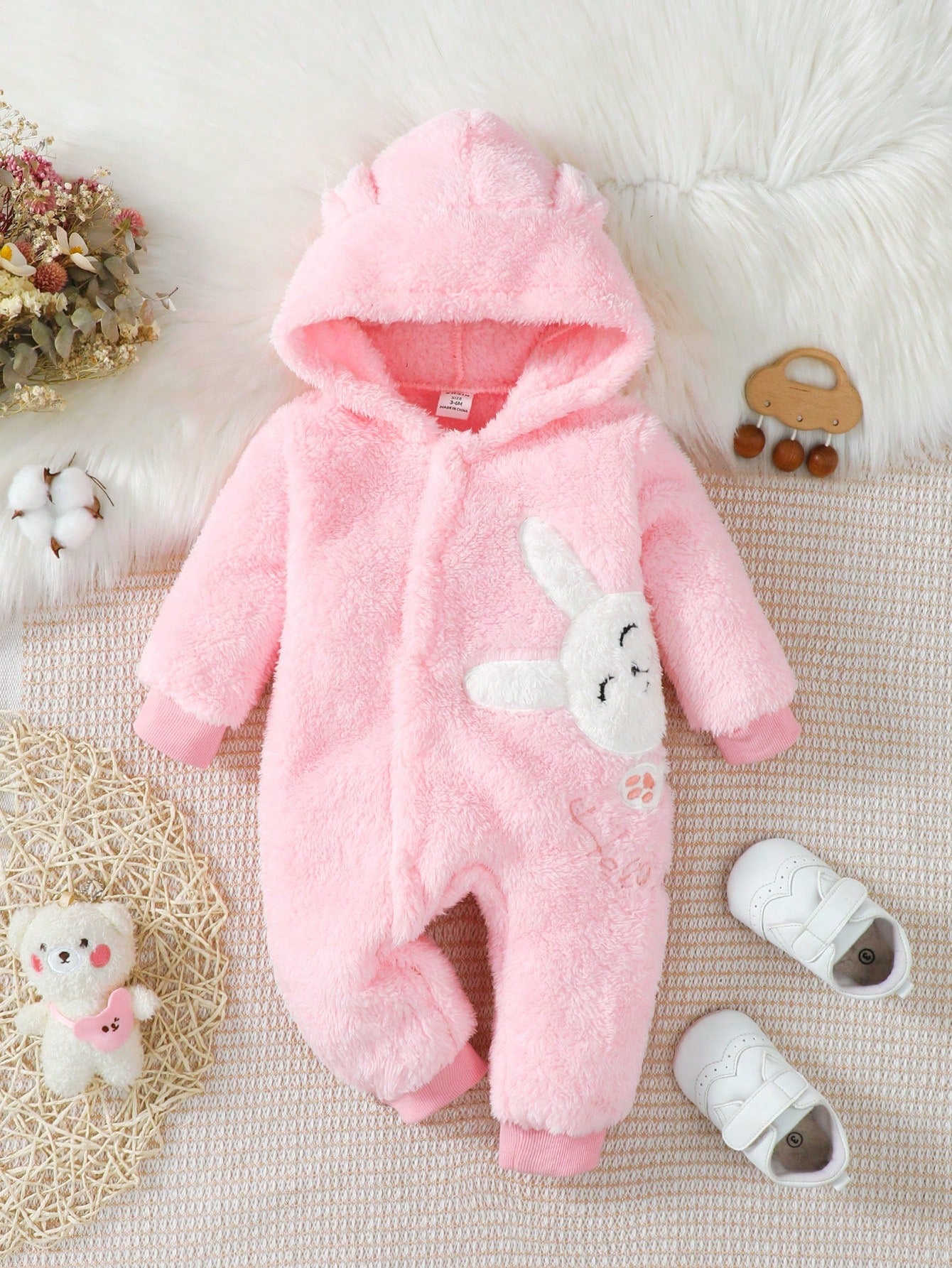 Baby Girl Rabbit Embroidery 3D Ear Design Hooded Teddy Jumpsuit