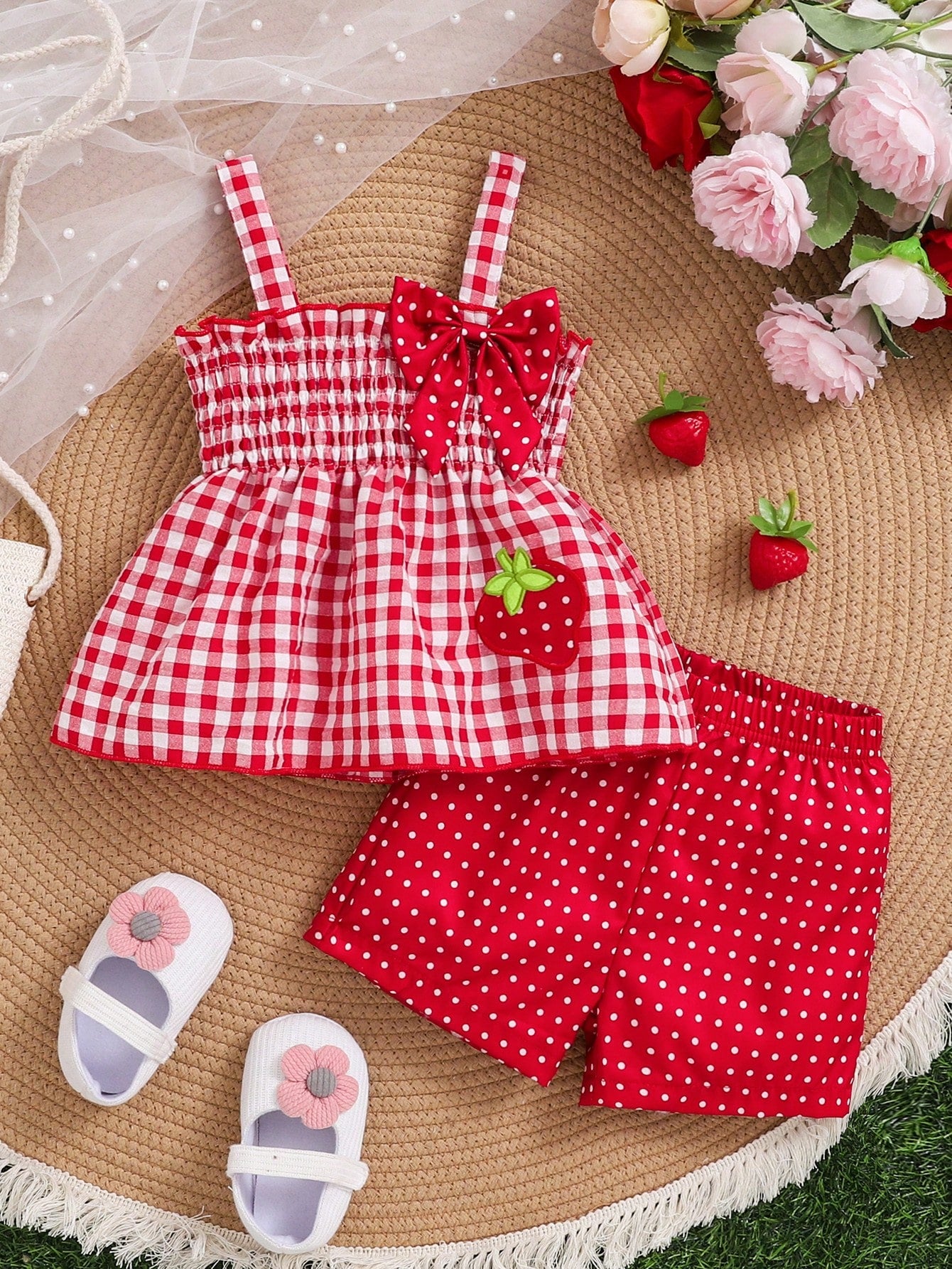 Baby Girl Spring Cabled Strawberry Embroidery Bow Plaid Suspender Top And Red Polka Dot Shorts 2pcs/Set