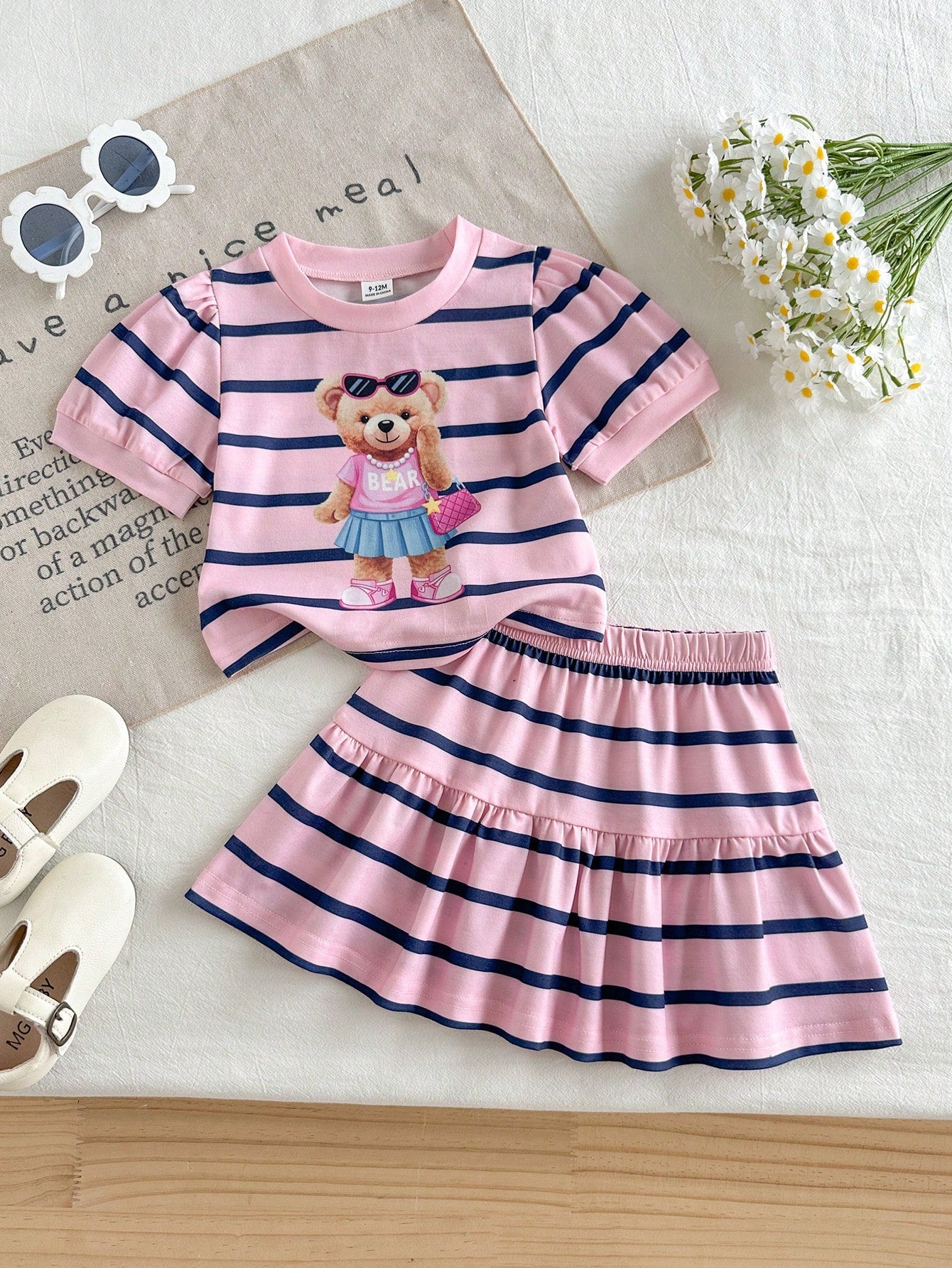 Baby Girl Summer Pink Cute Family Matching Korean Style Butterfly Knit Short Sleeve Top And Striped Skirt Set Adorable Bear Print Flowy Dress Outfit