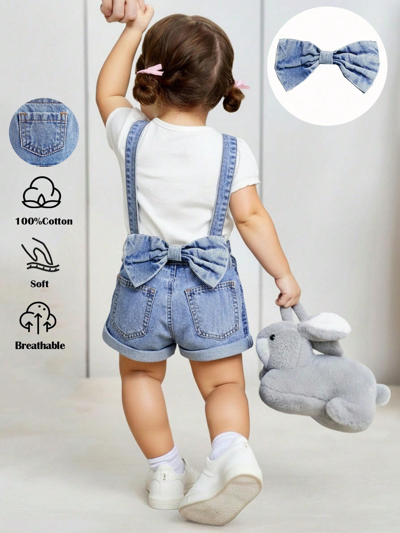 Baby GirlLoose Fit Denim Overalls With 3D Bow Decor At Back Waist,Summer Outfits,Casual And Fashionable Vacation Outfits,Street Wear,2000s Style,Comfortable And Soft Denim,Comfortable And Soft
