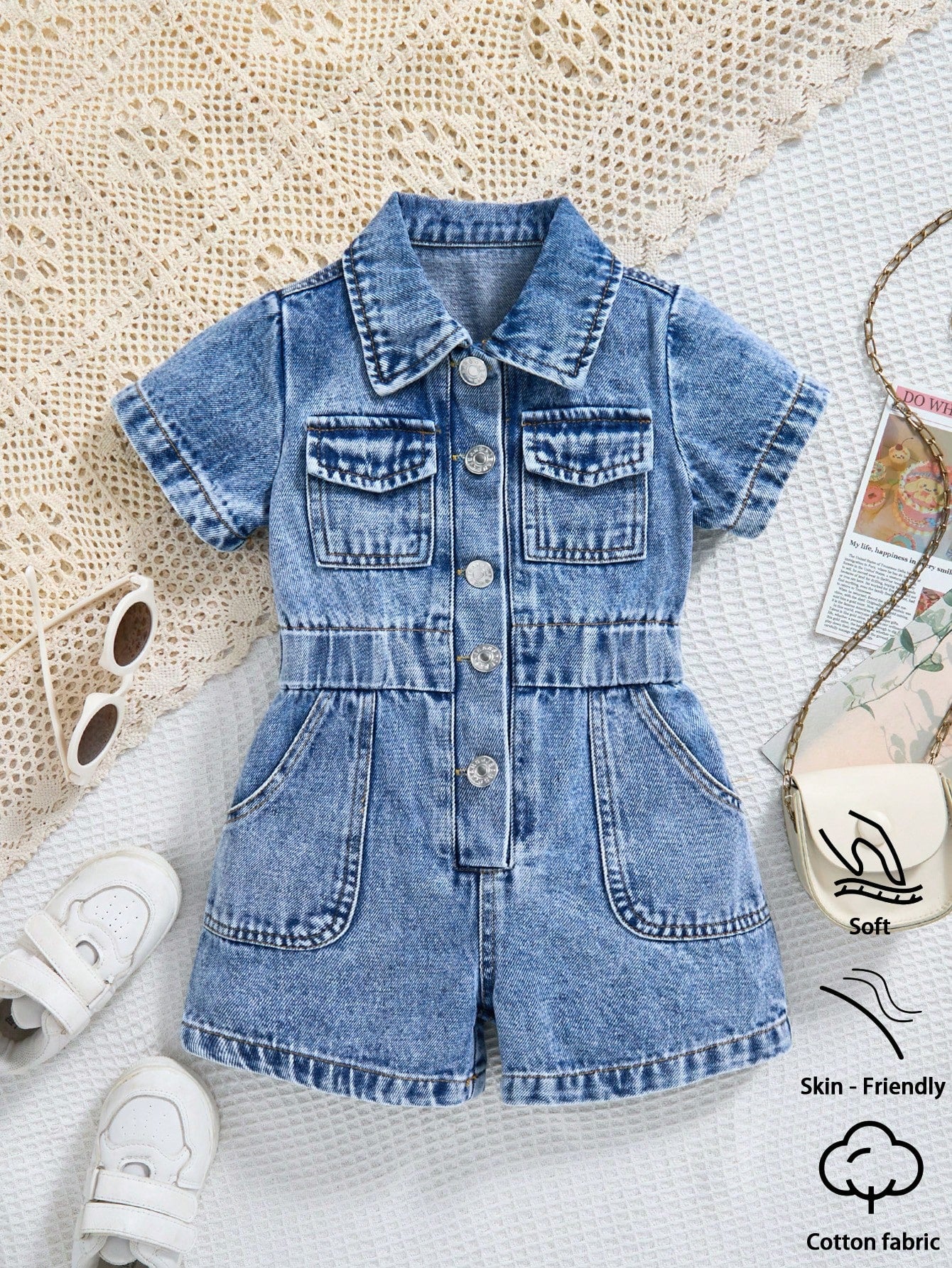 Baby Girls' Denim Jumpsuit,Lightweight Blue Summer Casual Vacation Streetwear,Collared Short Sleeve Single-Breasted Elastic Waist Cotton Romper
