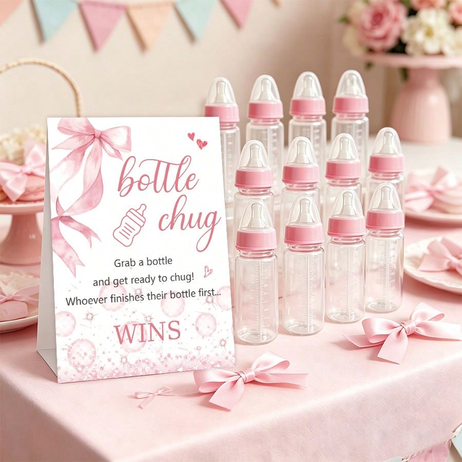 Baby Shower Gender Reveal Party Bottle Game Set, Includes Pink Bow Style Game Markers And Bottles, Ideal For Baby Christening Party Gifts, Gender Reveal Celebration, Party Game Decor