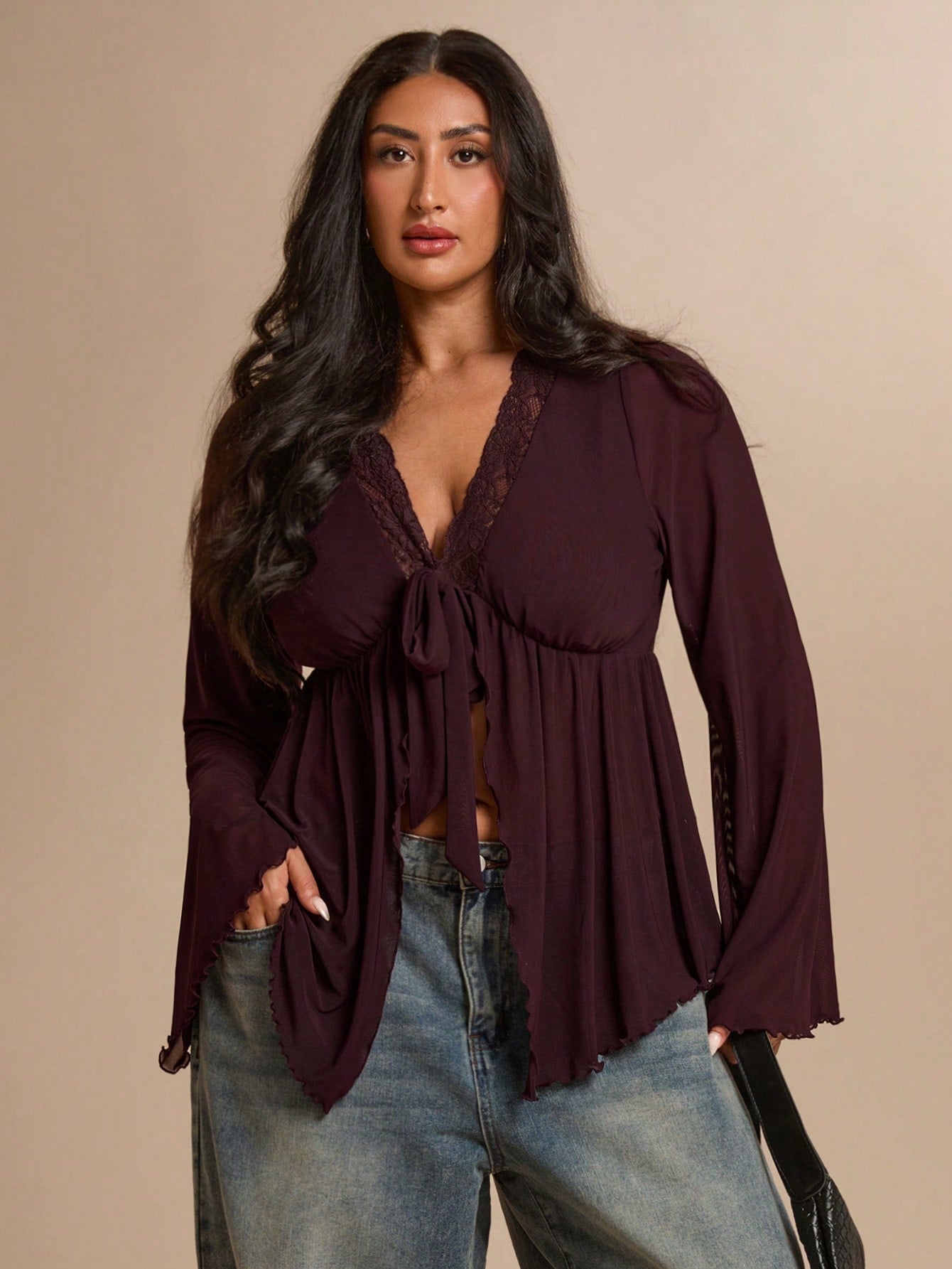 BAE CURVE Plus Size Women's Dark Purple Bell Sleeve Lace T-Shirt, Elegant Top, Festival, Party Brunch Dinner Date Night Evening Cocktail, Wedding, Autumn