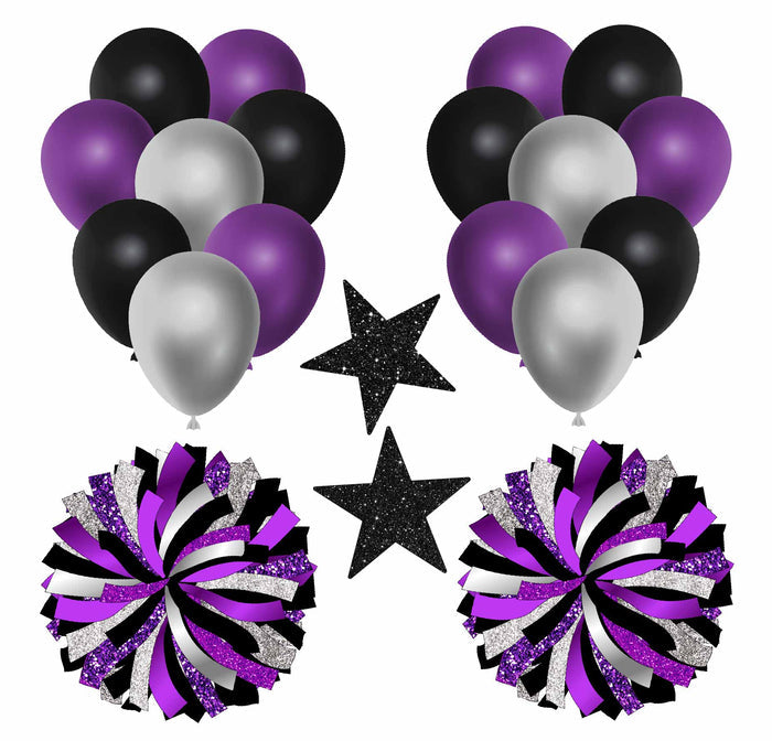 Black Silver Purple Balloons and Pom Poms Half Sheet (Must Purchase 2 Half sheets - You Can Mix & Match)