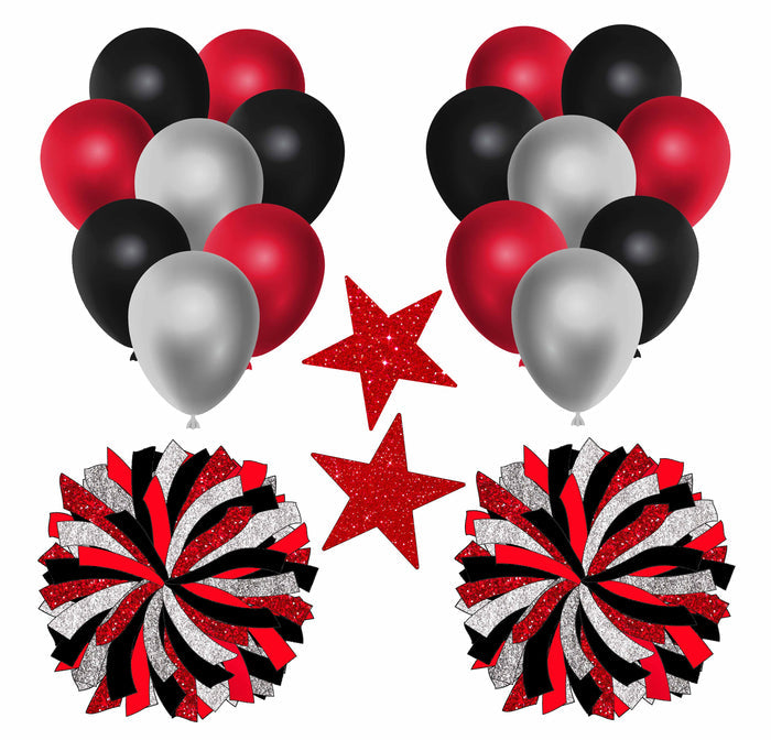 Black Silver Red Balloons and Pom Poms Half Sheet (Must Purchase 2 Half sheets - You Can Mix & Match)
