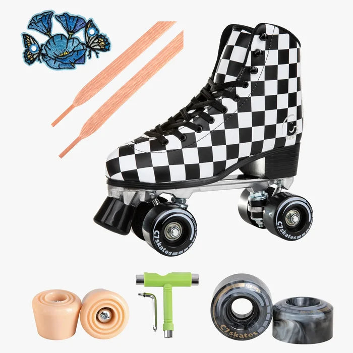 Checkered roller skate with accessories on a white background