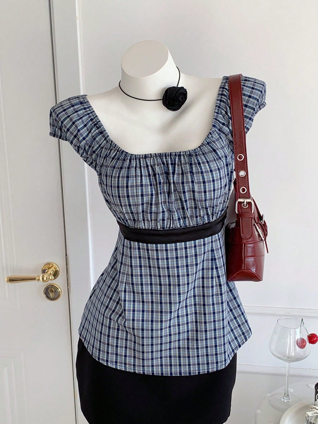 Comfortcana Plus Size Women Summer Petal Sleeve Plaid Blouse Shirt Back-To-School Style Tie Waist Top Everyday Light Blue Coastal Chic Elegant Brunch Club Office