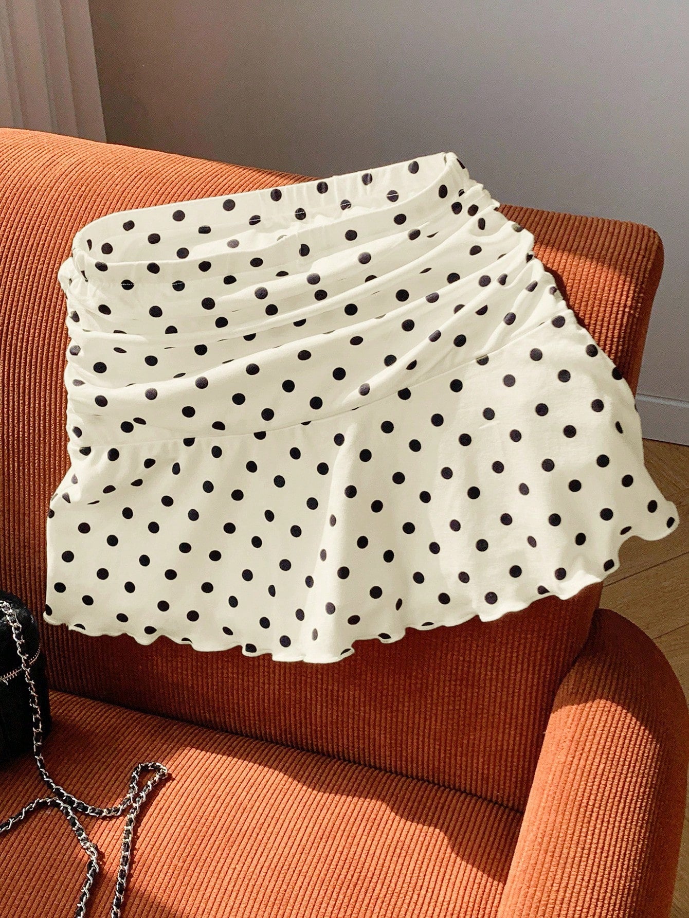 Comfortcana Polka Dot Mini Skirt For Women Apricot Knitted Casual A-Line With Chic Ruffle Hem Cute Skirt Frilly Skirt Polka Dot Skirt Skirt Short