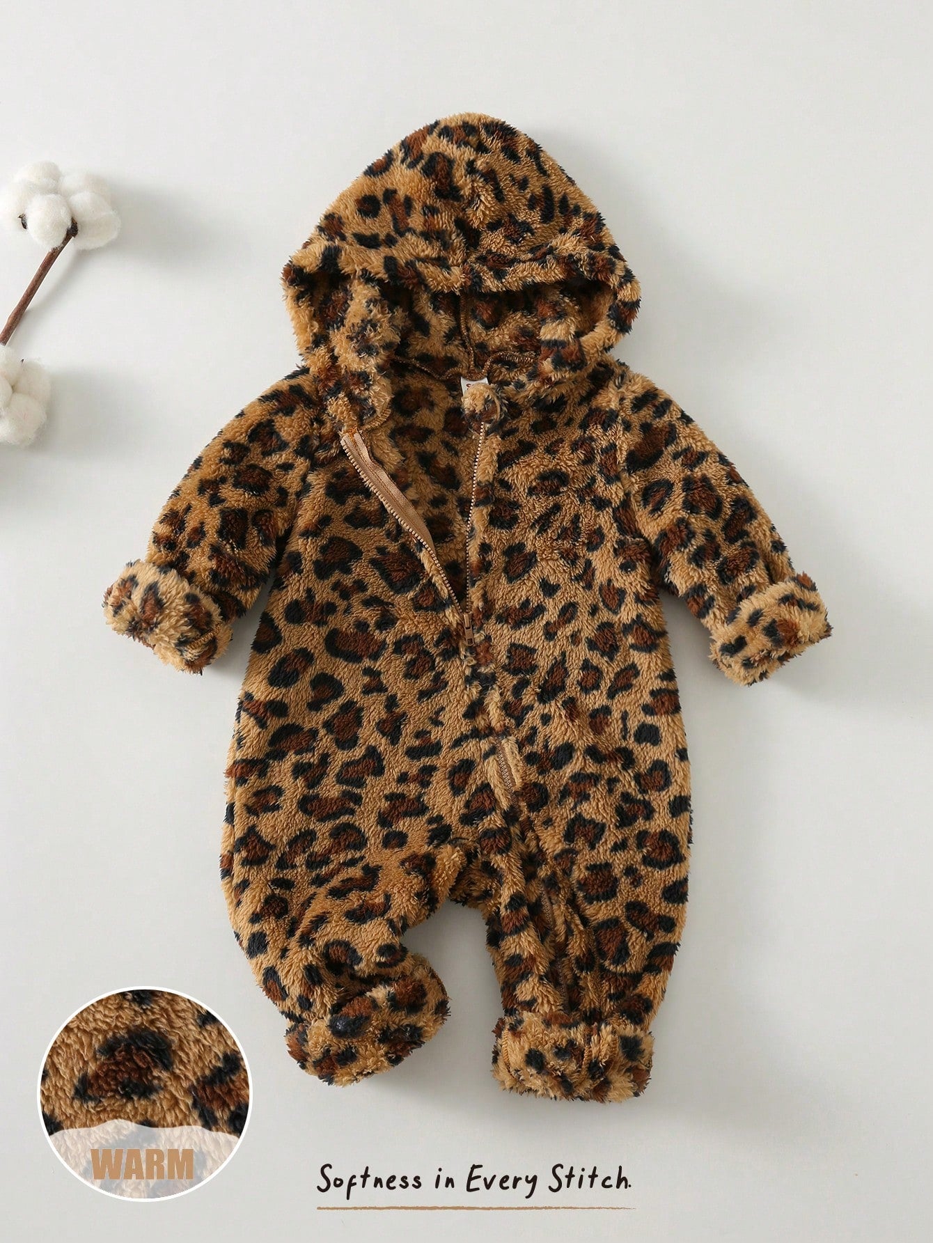 Cozy Pixies Baby Girls Cartoon Animal Leopard Print Thermal Lined Hooded Zip-Up Long Sleeve Jumpsuit, Suitable For Winter