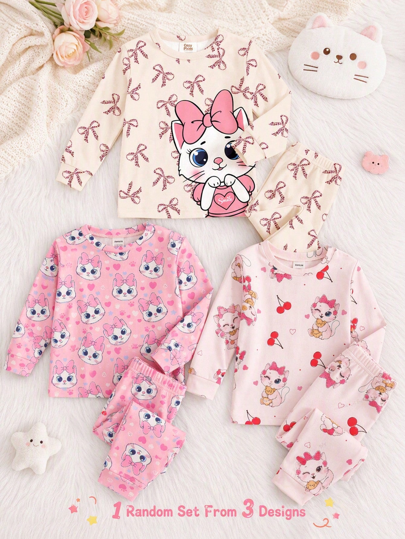 Cream White & Cream Pink, Sweet Cute Cat Animal Print, Baby Girl Casual Simple Snug Fit Comfortable Round Neck Long Sleeve Top & Pants Loungewear Set, Snug Fit, Easy Comfort, Girly Sweet, Random 1 Set