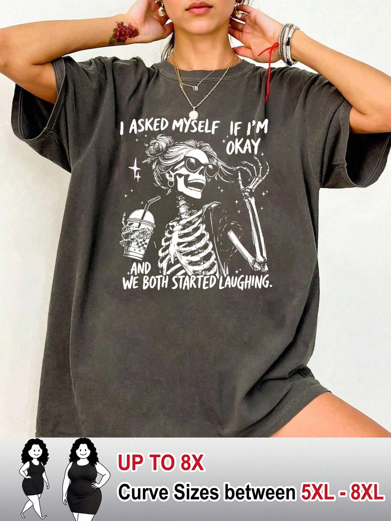 CURVE+ I Asked Myself If I'M Okay Skeleton T-Shirt, Snarky Sarcastic Funny Mental Health Shirt, Vintage Distressed Graphic Tee,Graphic Tees Women Tops