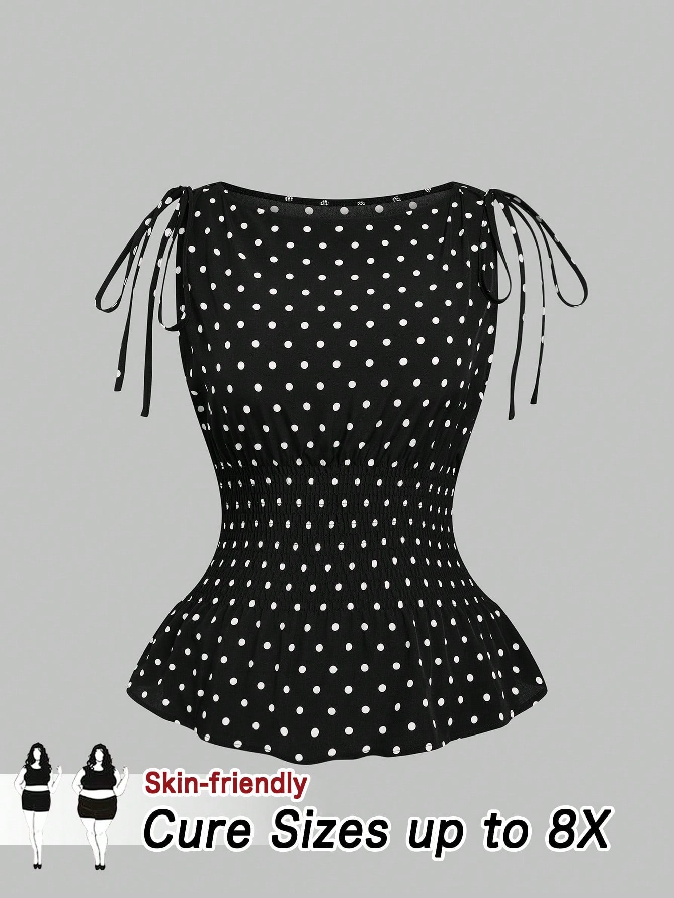 CURVE+ Plus Size Women's 1950s Vintage Black And White Polka Dot Bow Shoulder Tank Top,Summer Elegant Everyday Retro French Slim Fit Vacation Leisure Top