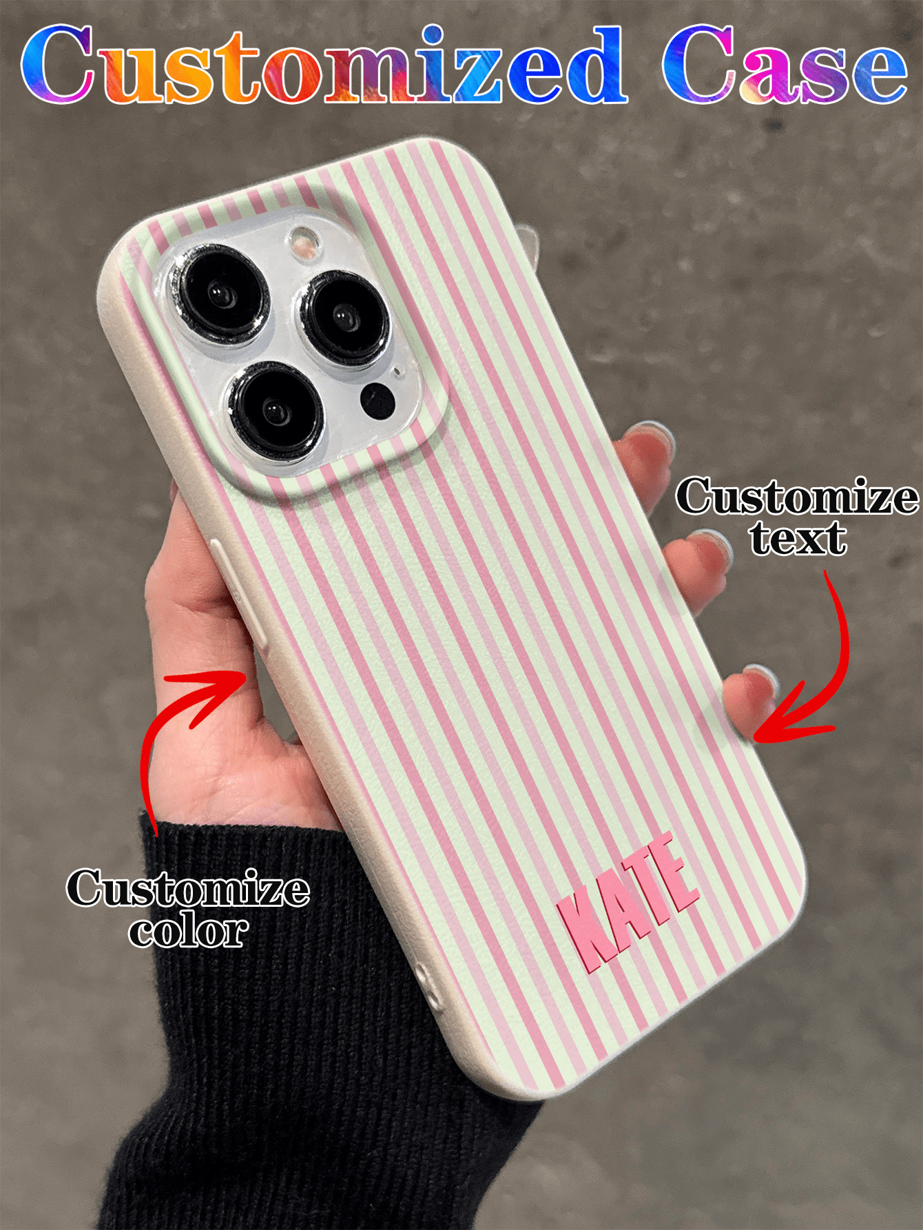 Customized Minimalist Patchwork Striped Letter Name Cream Hard Phone Case Cover, Personalized Protective Shell Suitable For Phone 11/12/13/14/15/16/17 Pro Max, Color Clash Design, Durable Shockproof B