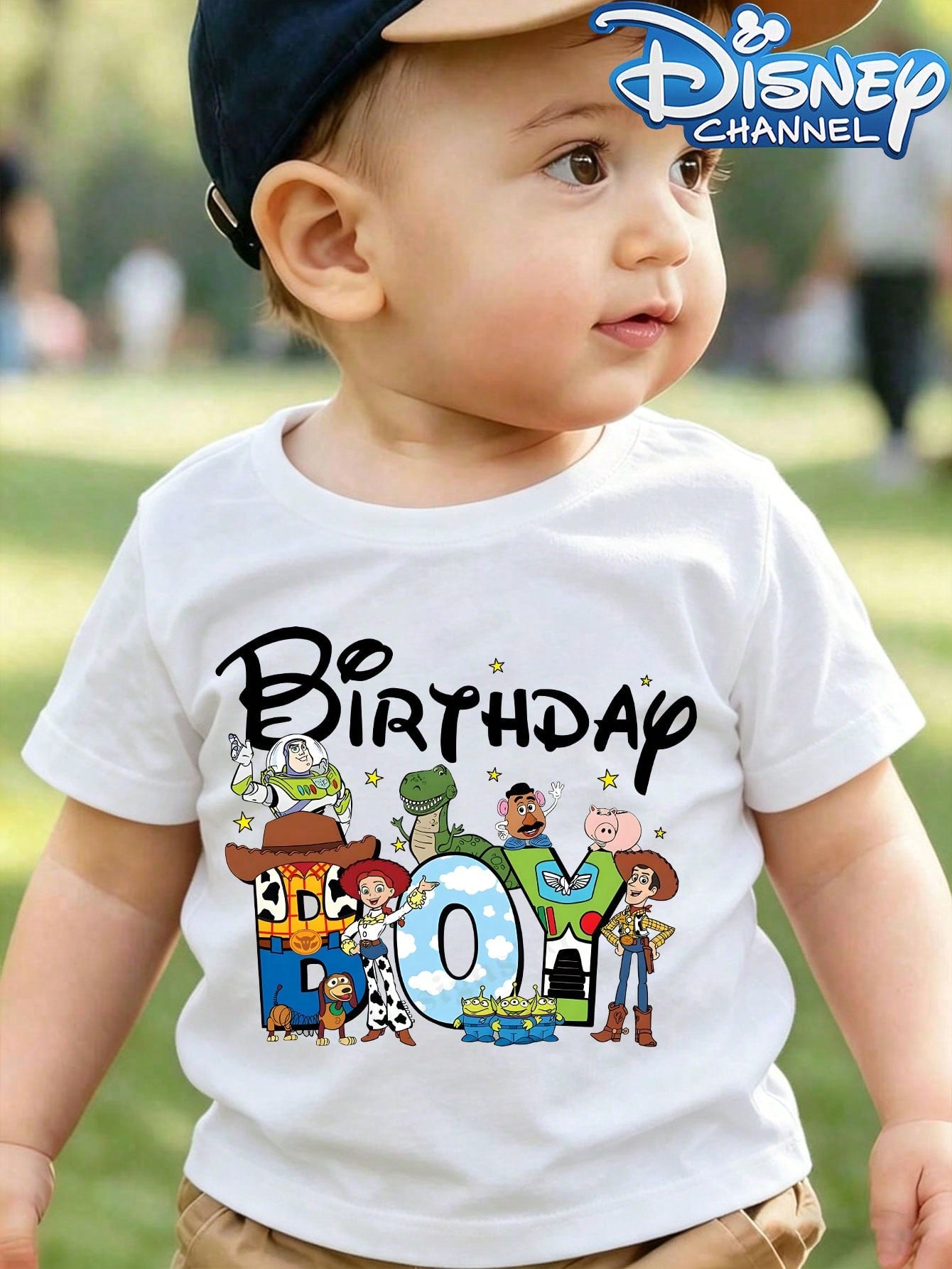 Disney Casual Crew Neck Baby Tee Printed With Toy Story Birthday Boy Cartoon, Fits Boys And Girls, Ideal For Summer Outfits.